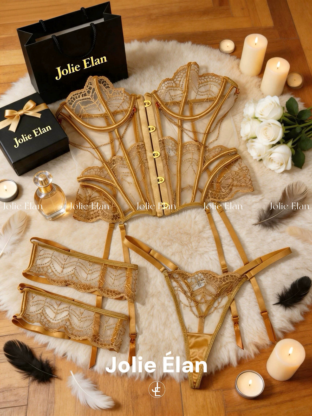 JolieElan · Gilt Dream · Sexy French Gold Heavy Industry Embroidery Perspective Premium Underwear Set