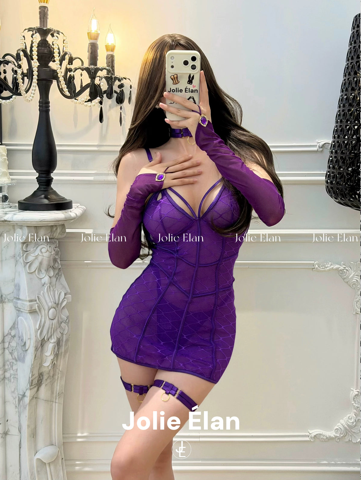 JolieElan · Slightly Drunk Grape · Purple Royal Sister Sexy Spice Girl Mesh Perspective Suspender Underwear Set