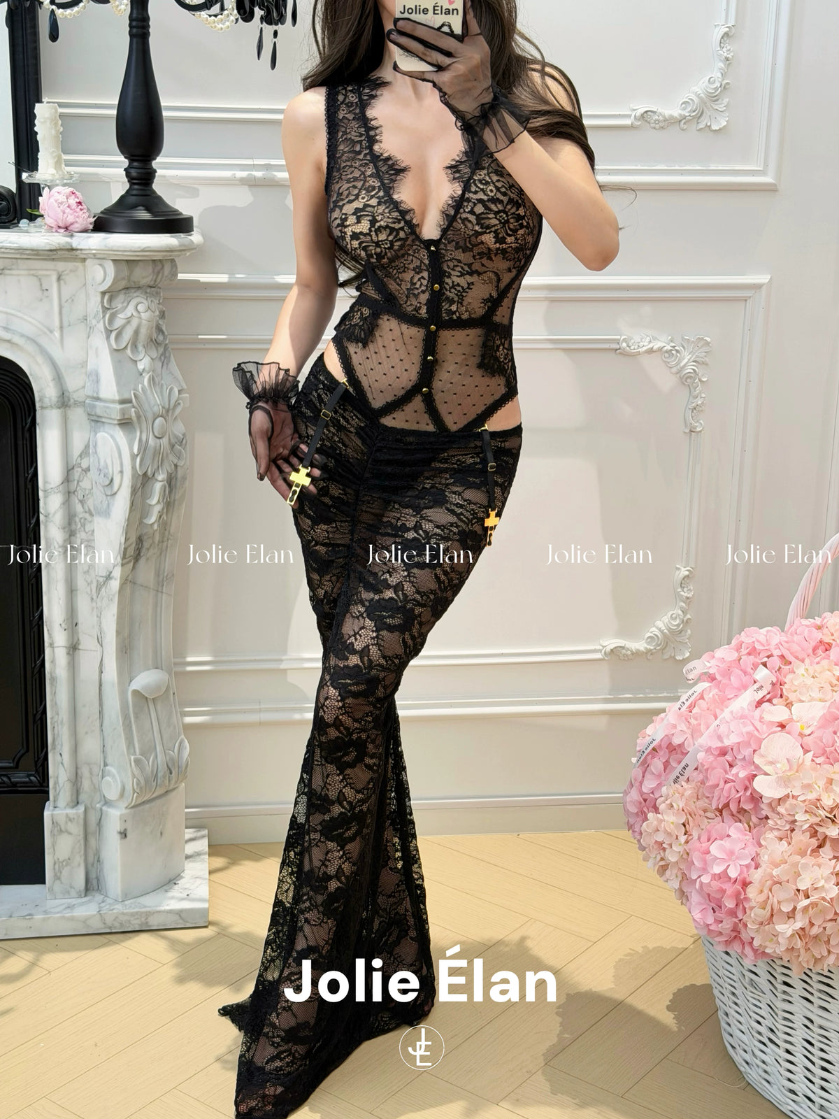 JolieElan Eaton Beauty God Sexy Deep V Lace Mesh Perspective Ultra-thin Premium One-piece Underwear Set