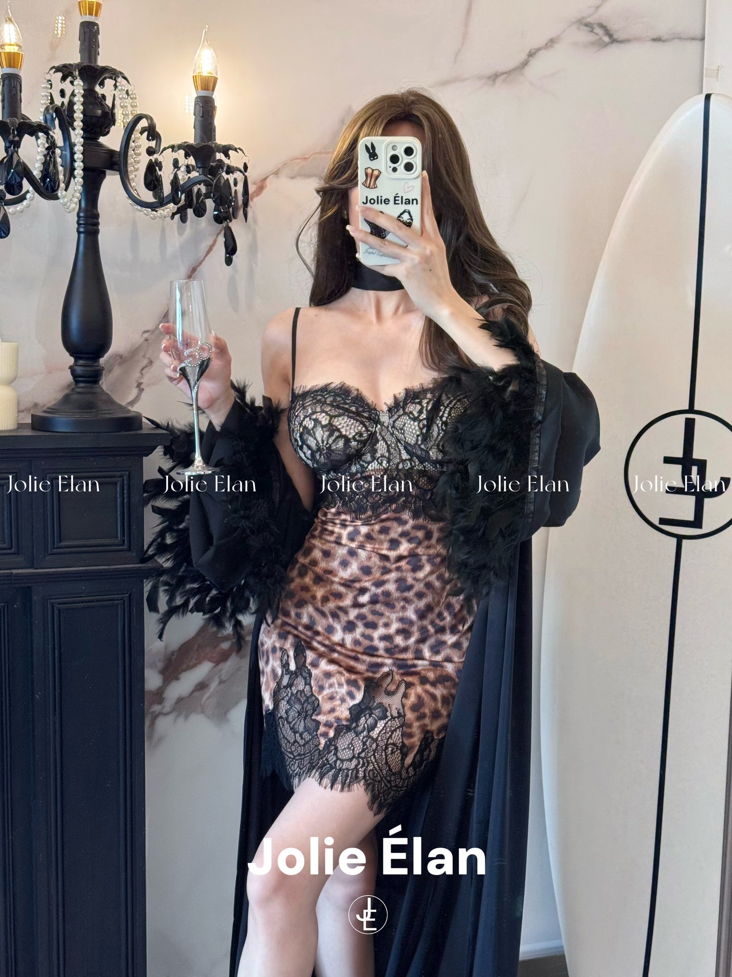 JolieElan · Miss Leopard Leopard · French Lace Leopard print stitching sexy suspender nightdress underwear set