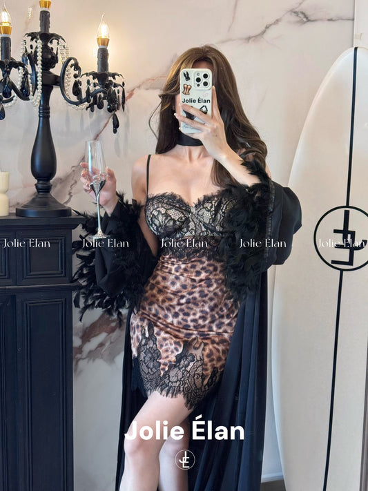 JolieElan · Miss Leopard Leopard · French Lace Leopard print stitching sexy suspender nightdress underwear set