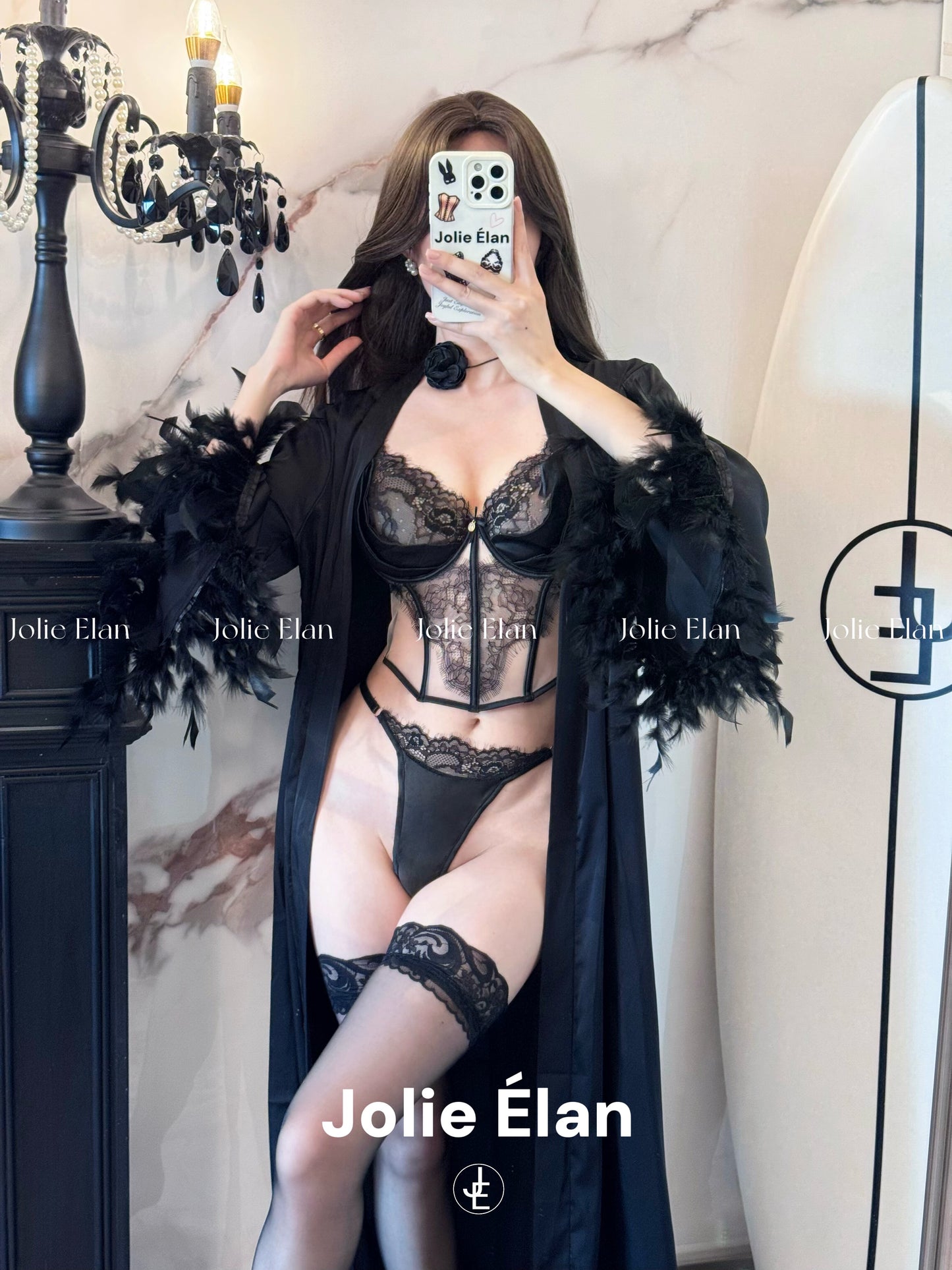 JolieElan · Love Sicily · French Lace Perspective Mesh Fishbone Sexy cos Underwear Set