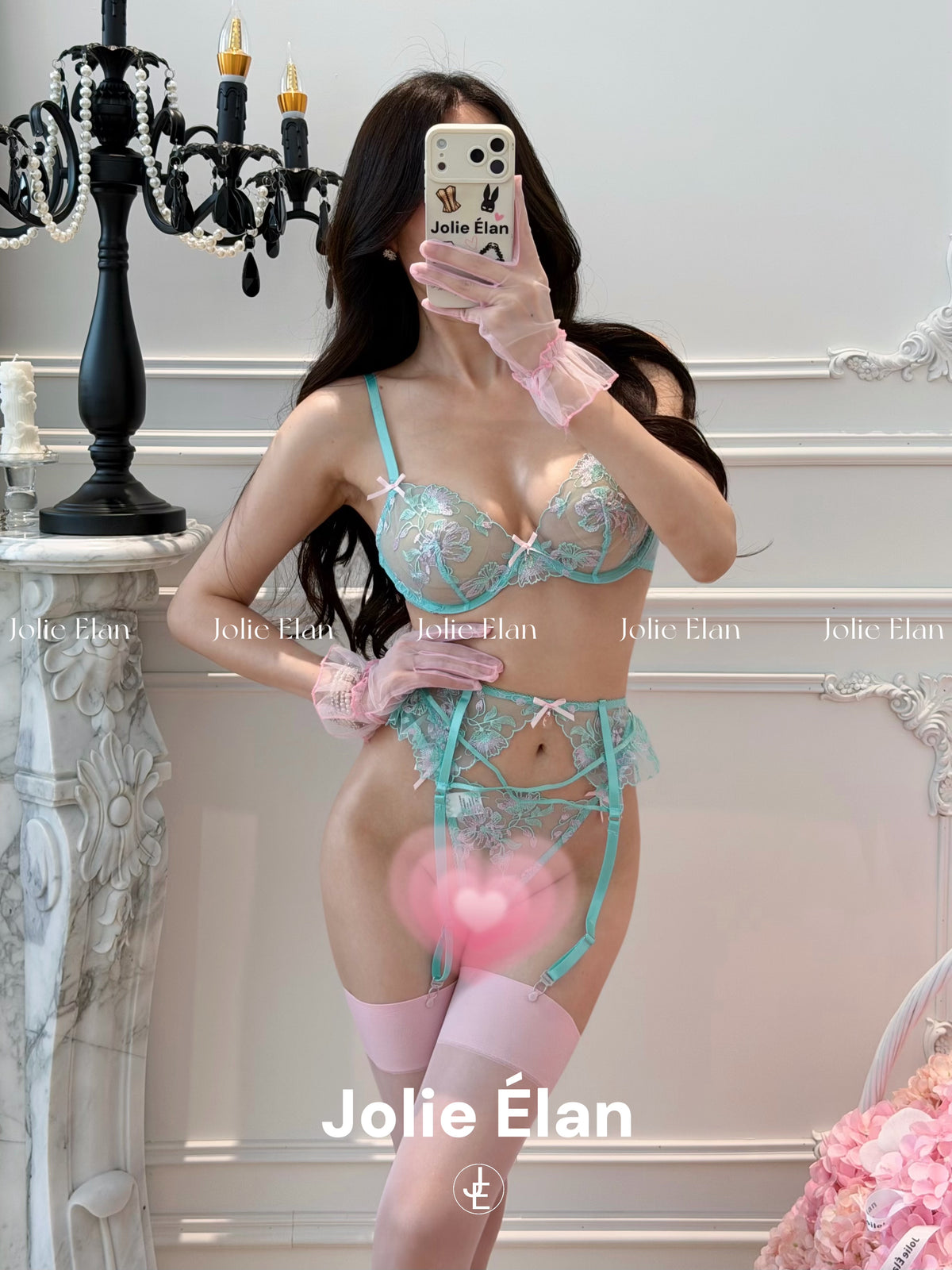 JolieElan Tiffany Breakfast Mint Green French Sexy Mesh Perspective Premium Underwear Set