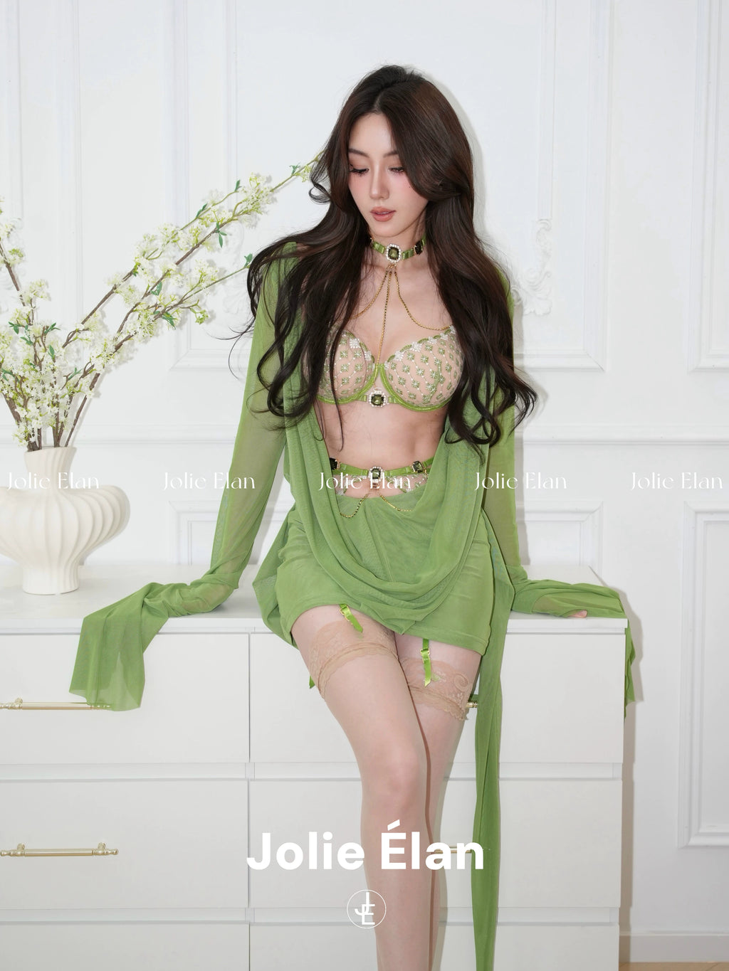 JolieElan Princess Jasmine French Sexy Luxury Gem Chain Embroidered Perspective Underwear Set