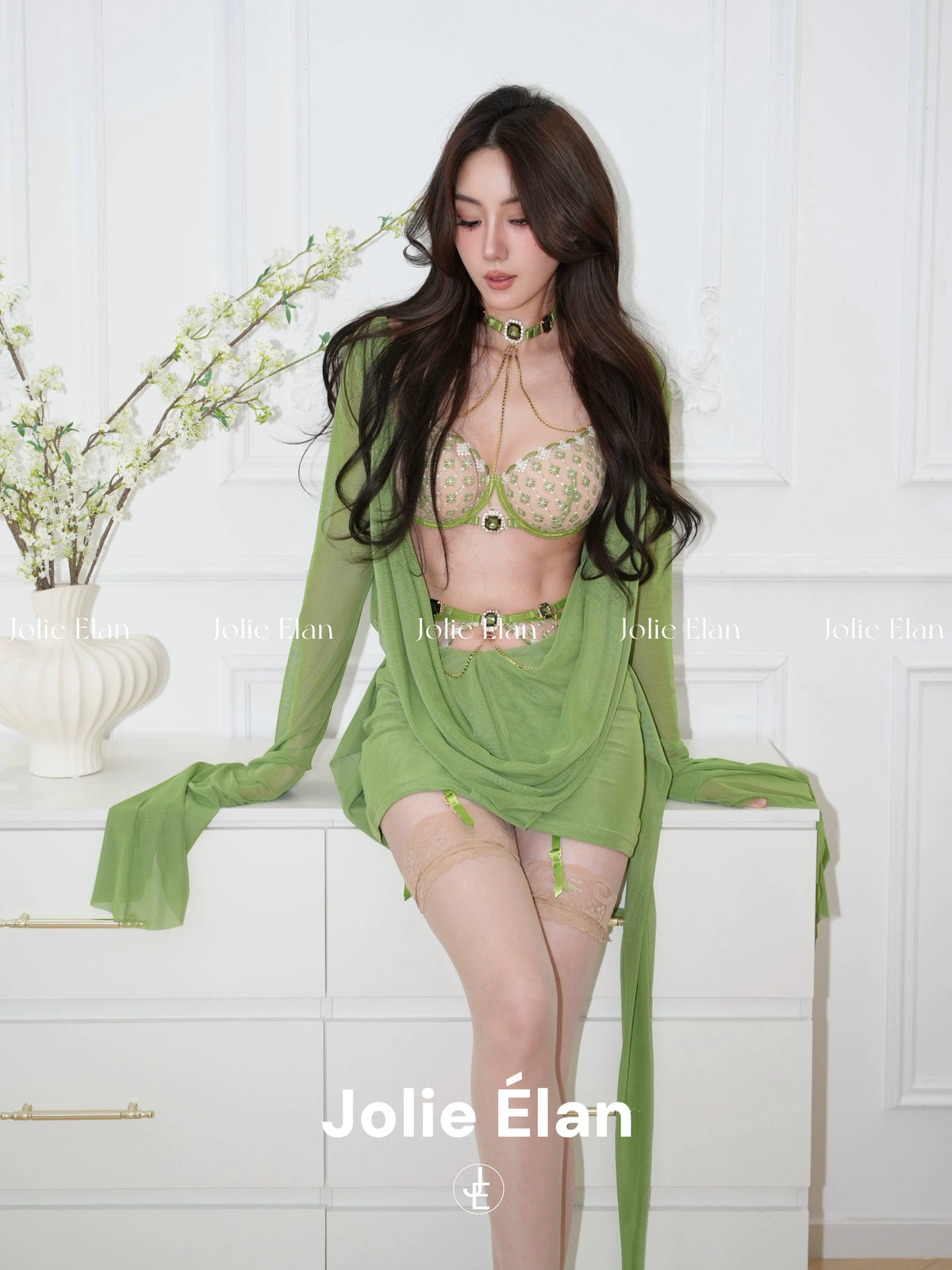 JolieElan Princess Jasmine French Sexy Luxury Gem Chain Embroidered Perspective Underwear Set