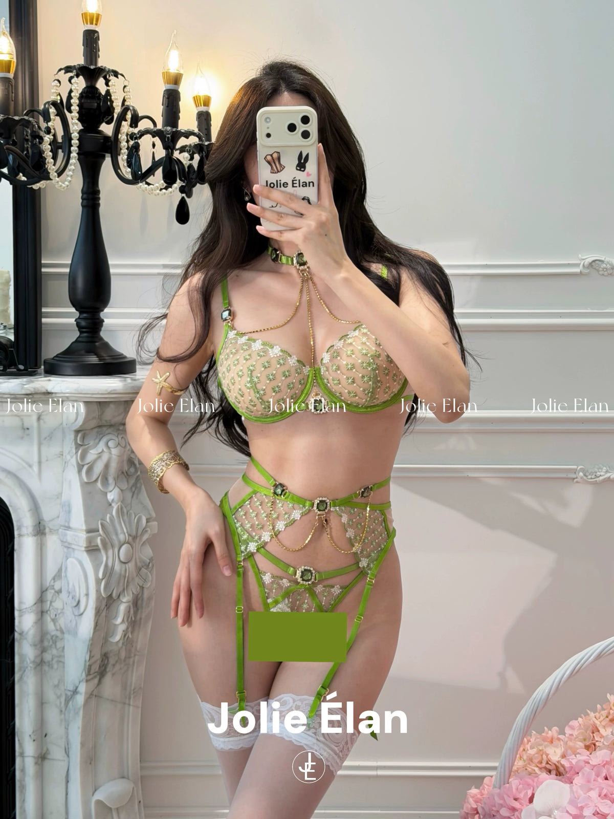 JolieElan Princess Jasmine French Sexy Luxury Gem Chain Embroidered Perspective Underwear Set