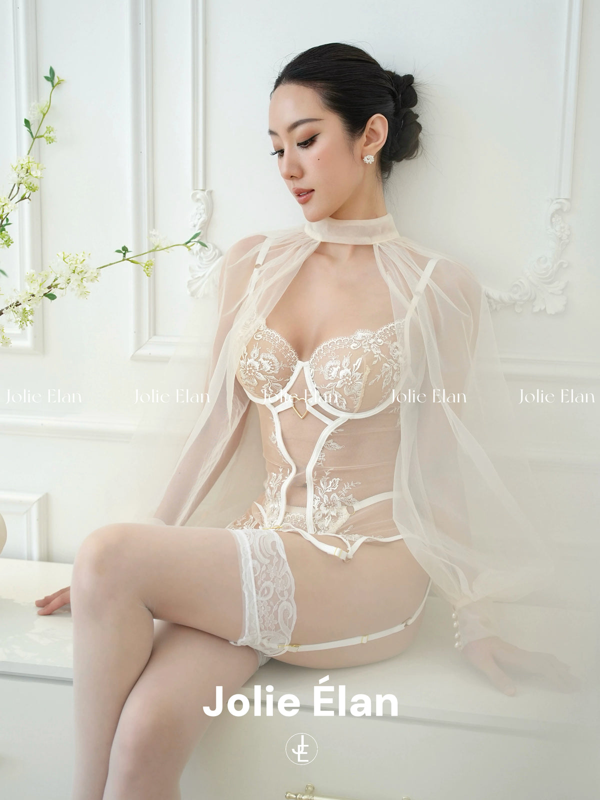 JolieElan · Moonlight Jasmine · French Sexy Flower Embroidery Mesh Perspective Shapewear Underwear Set