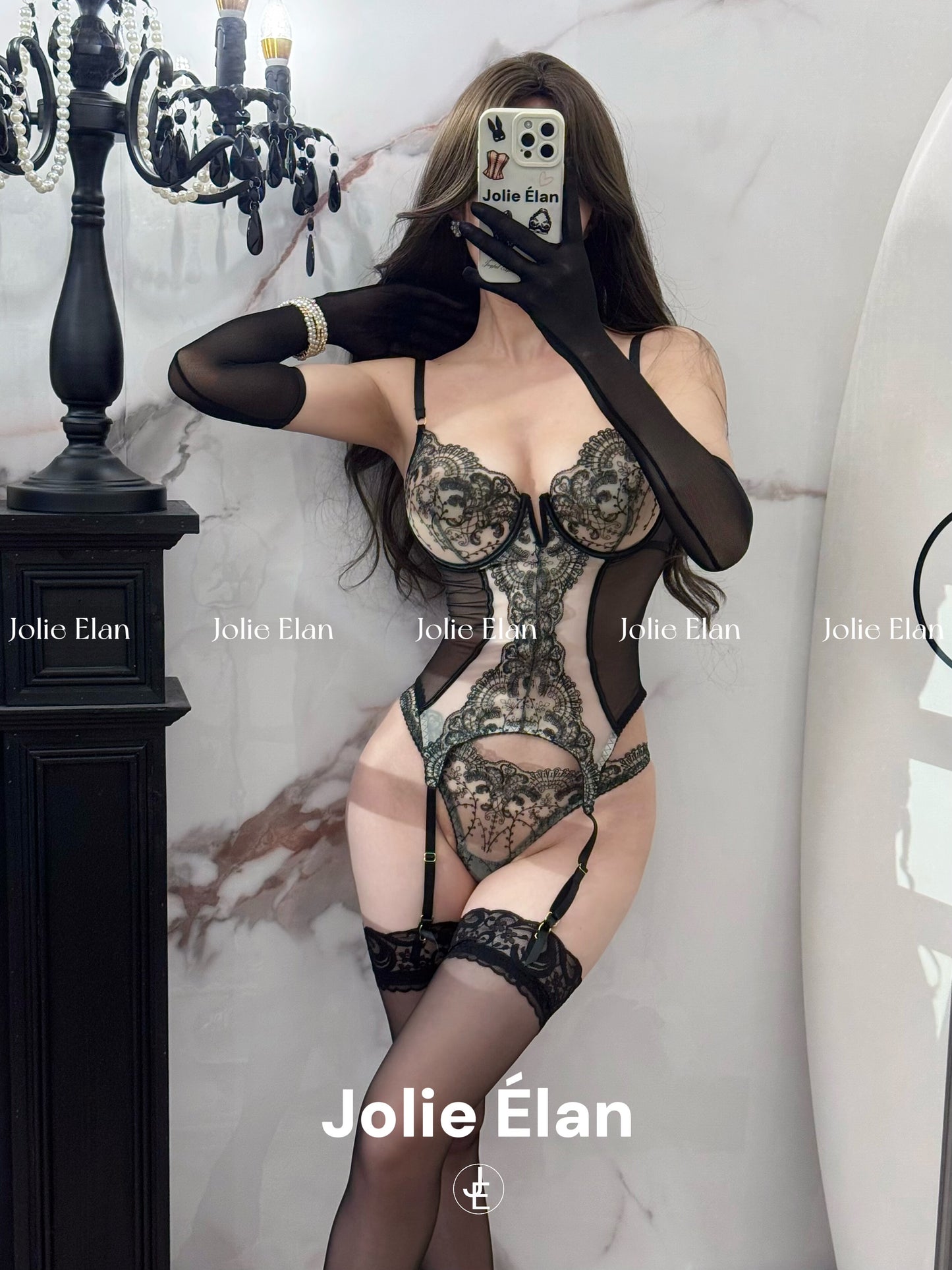 JolieElan · Dark Night Rose · French Lace Mesh Embroidery Sexy Perspective Gathering Underwear Set