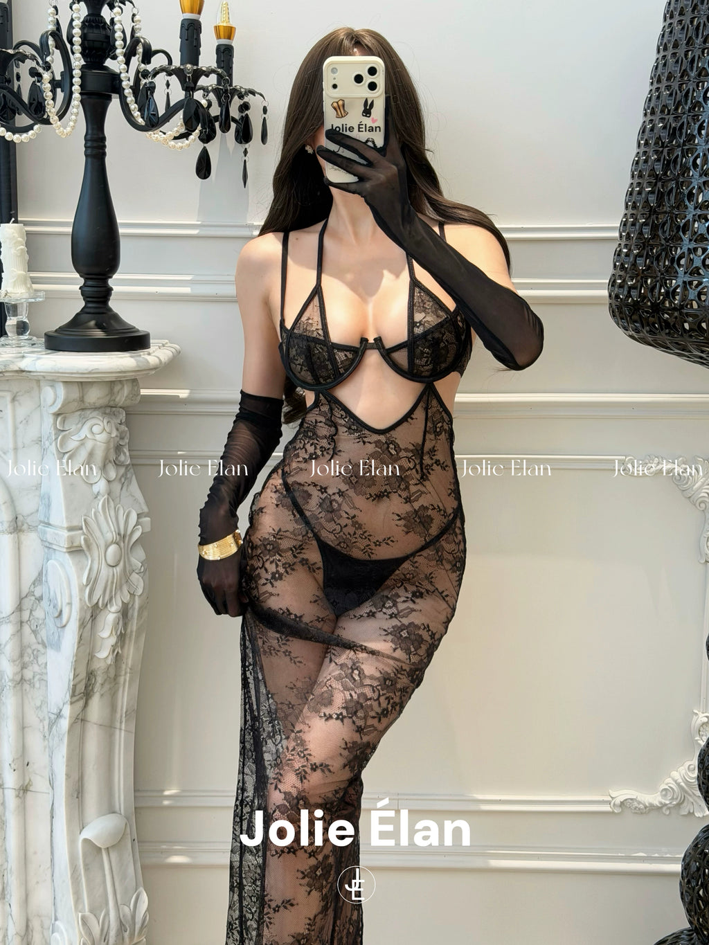 JolieElan · Love Rises · French Sexy Royal Sister Lace Perspective Suspender Long Dress Underwear Set