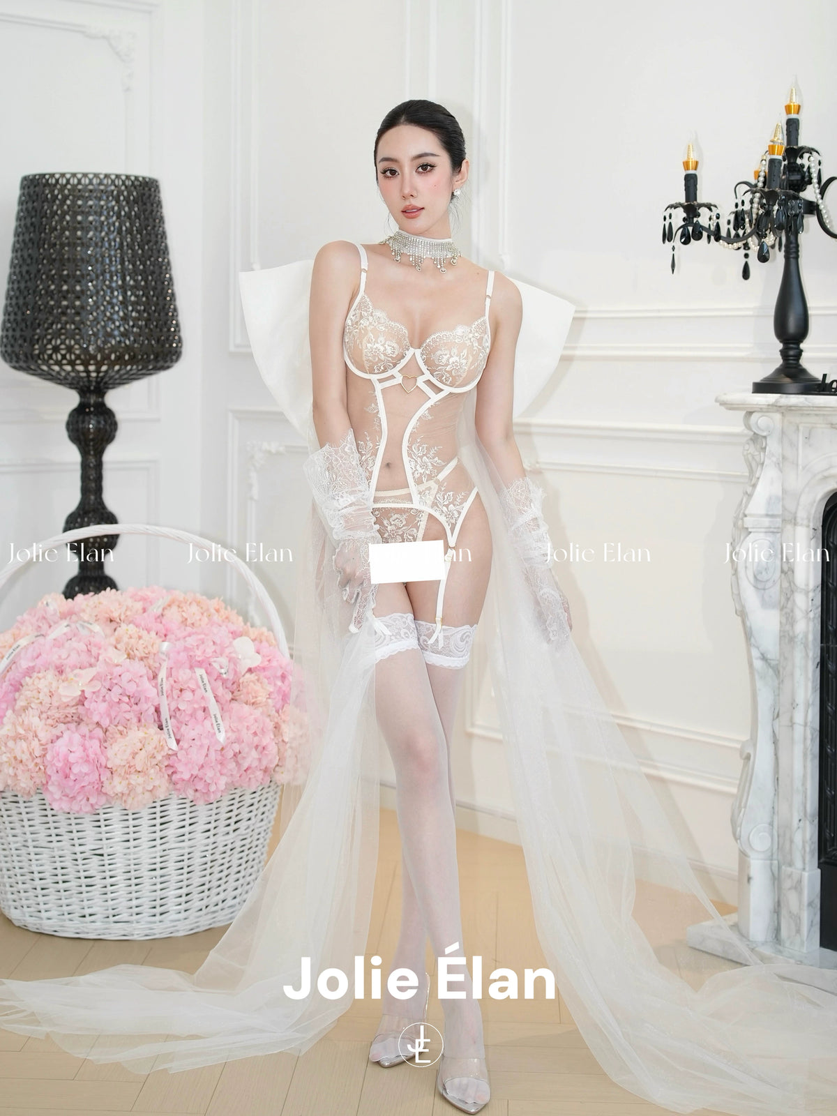 JolieElan · Moonlight Jasmine · French Sexy Flower Embroidery Mesh Perspective Shapewear Underwear Set