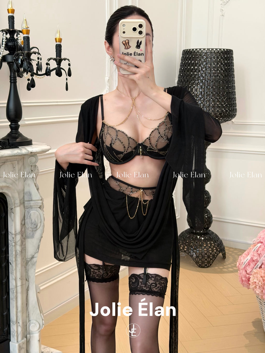 JolieElan · Paper drunk gold fan · French sexy luxury gem chain embroidered perspective underwear set