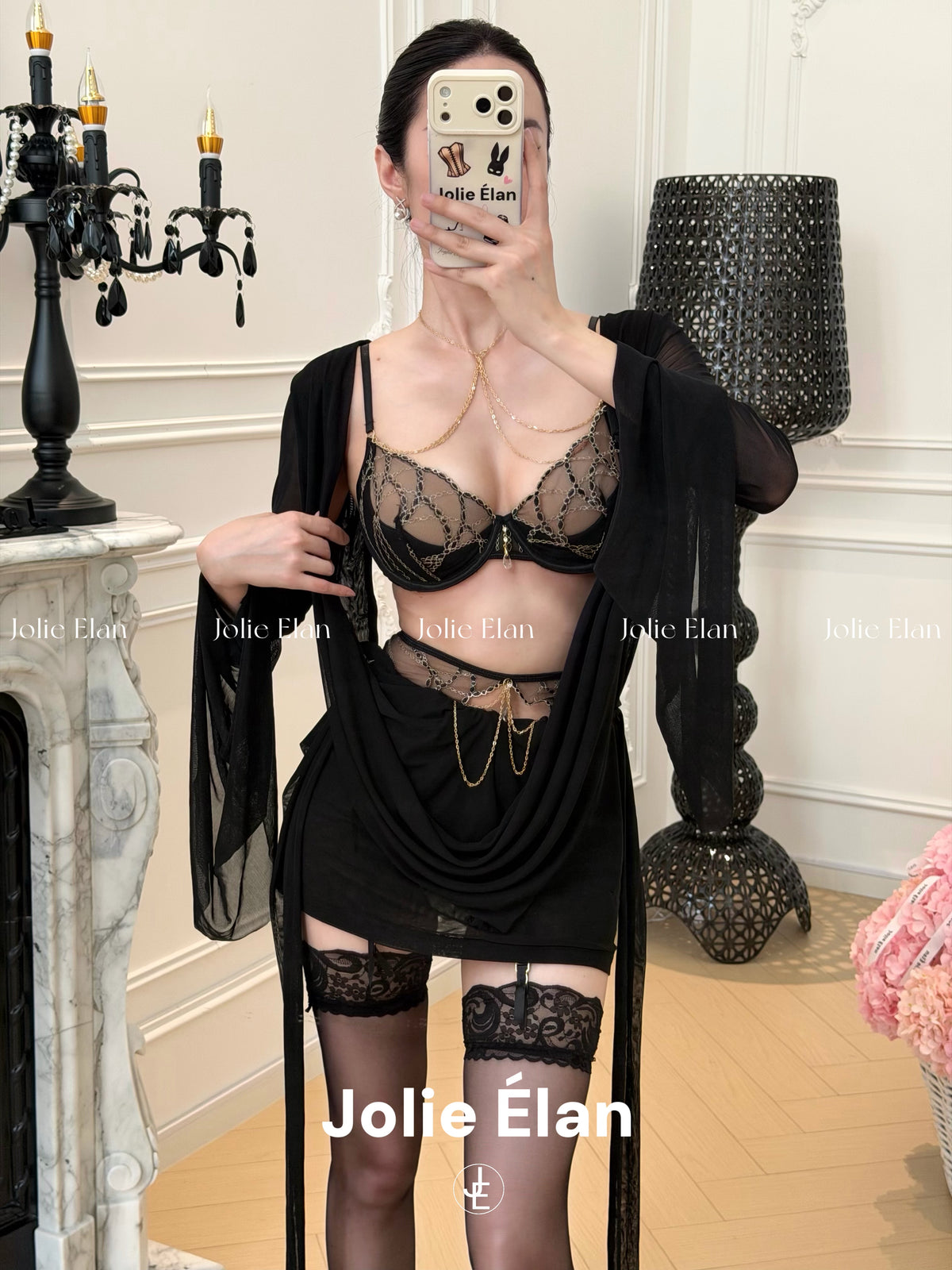 JolieElan · Paper drunk gold fan · French sexy luxury gem chain embroidered perspective underwear set