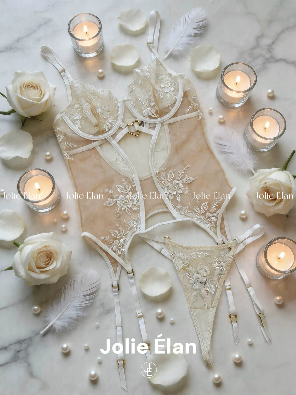JolieElan · Moonlight Jasmine · French Sexy Flower Embroidery Mesh Perspective Shapewear Underwear Set