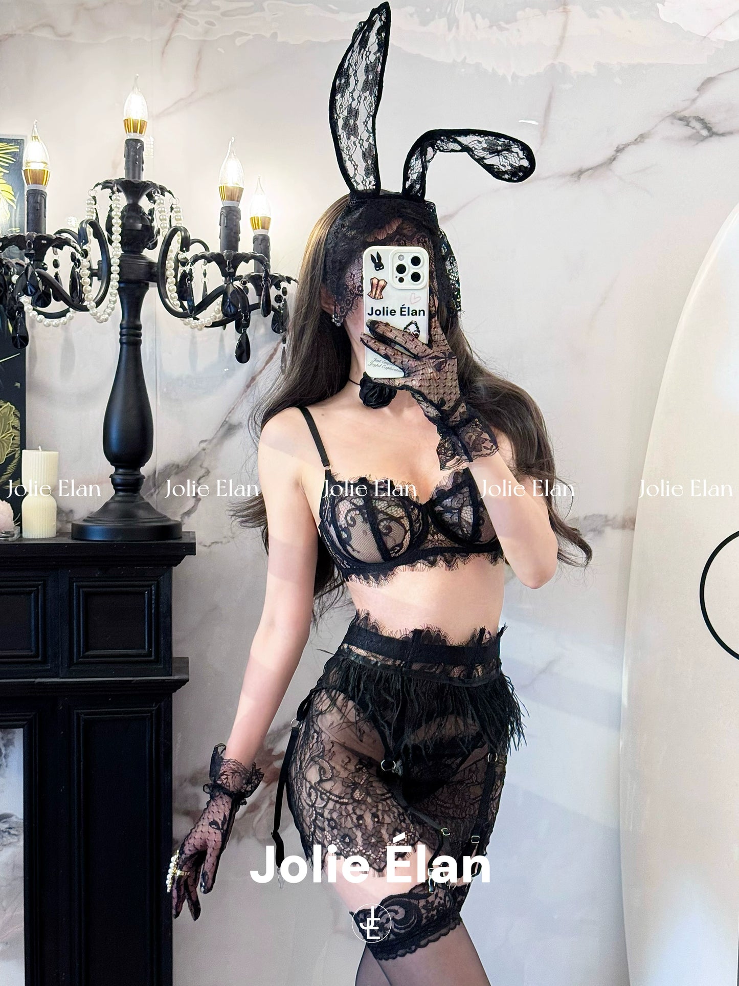 JolieElan · Good Night Party · Halloween Heavy Industry Lace Perspective Slim French Sexy Lingerie Set