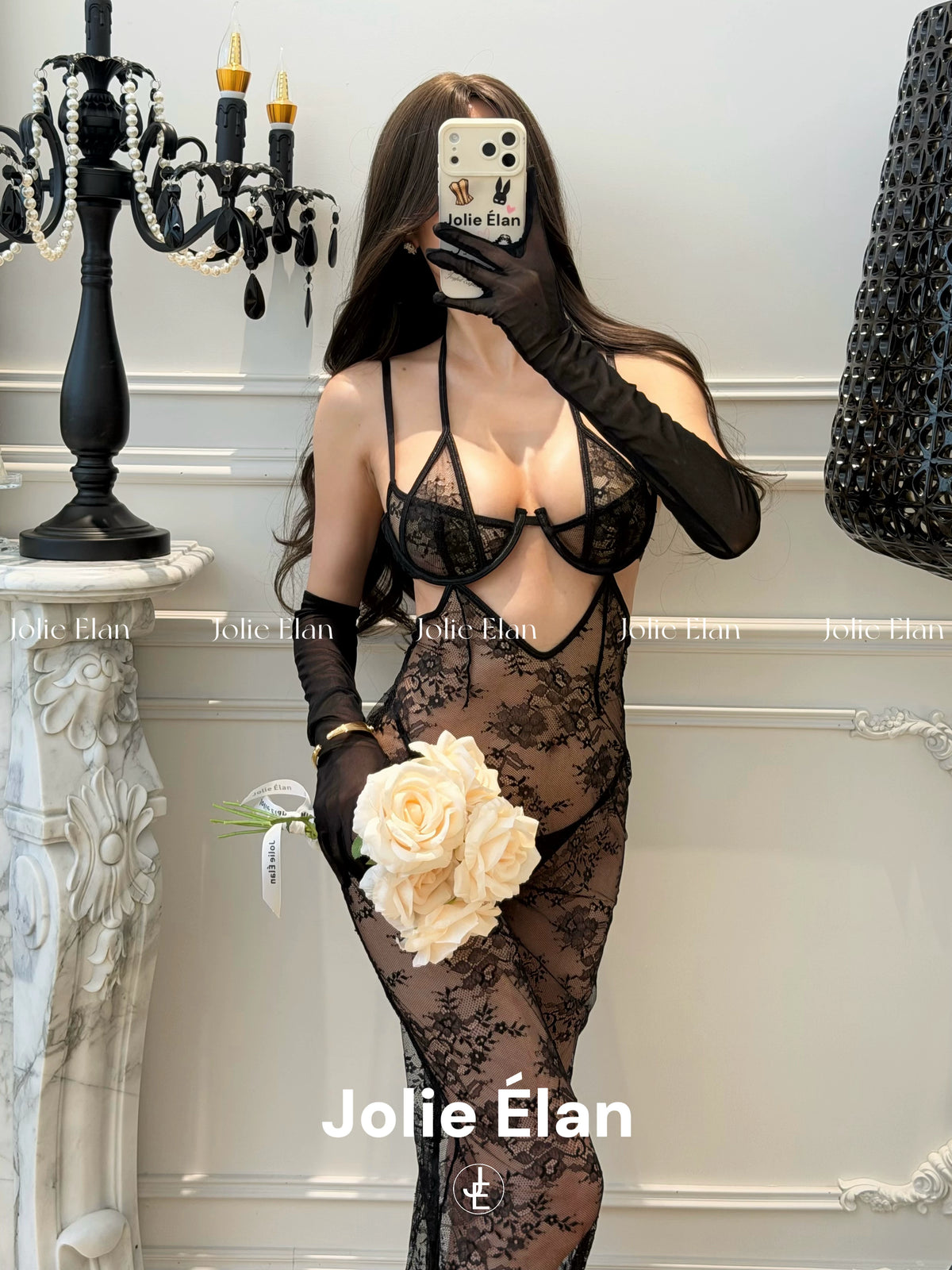 JolieElan · Love Rises · French Sexy Royal Sister Lace Perspective Suspender Long Dress Underwear Set