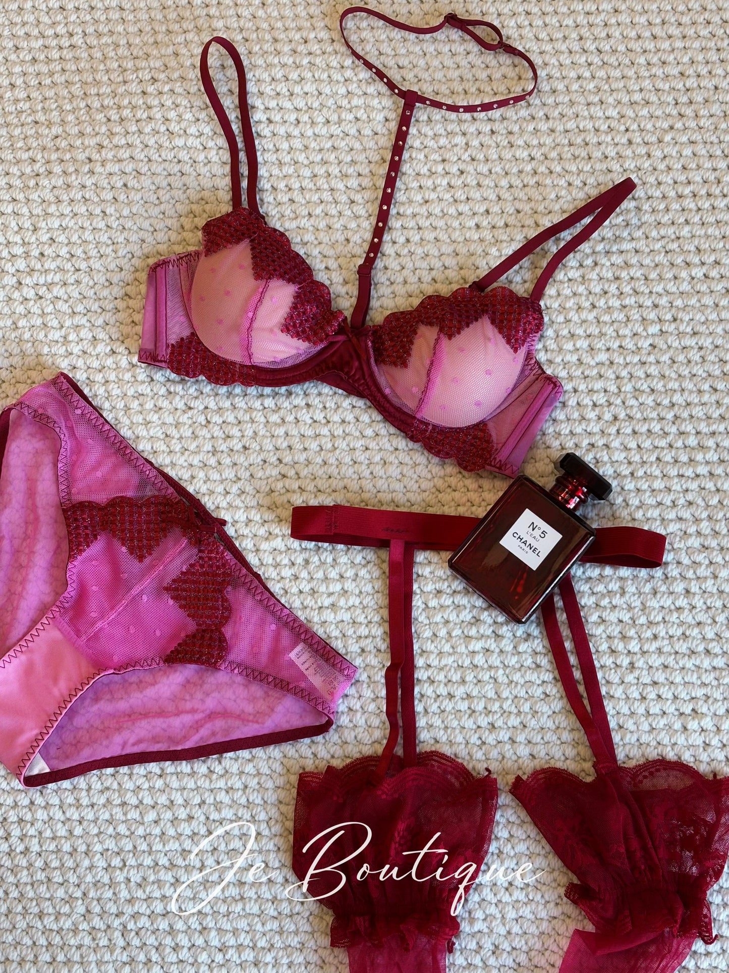 JolieElan · Hint · Lover French Romantic Neck Love Mesh Gathering Sexy Lingerie Set