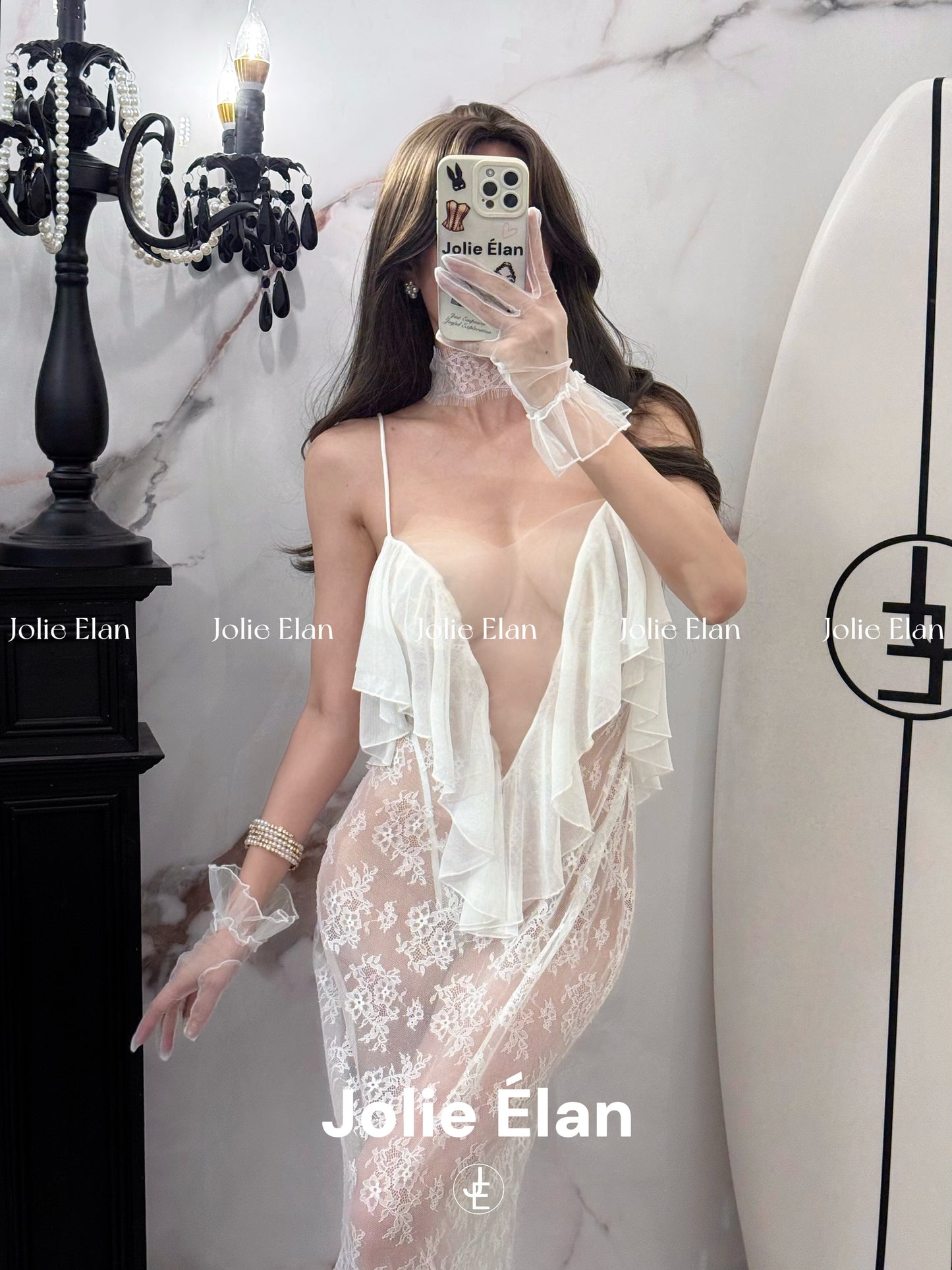 JolieElan · Lost in the world · Sexy deep V mesh stitching lace perspective lazy French underwear set