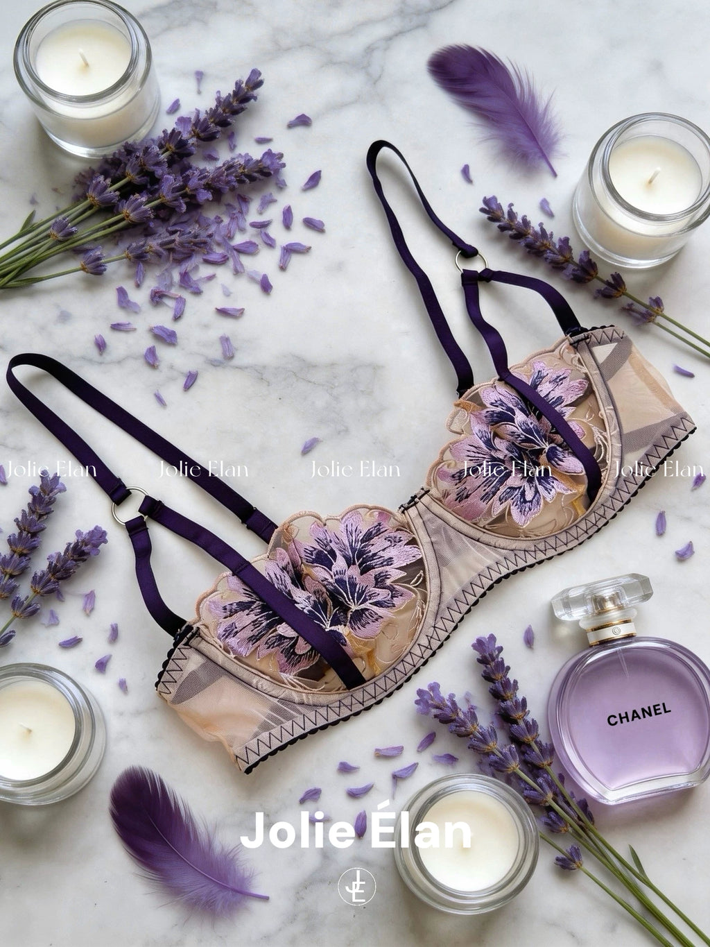 JolieElan Provence French Sexy Purple Lace Embroidered Strap Premium Lingerie Set