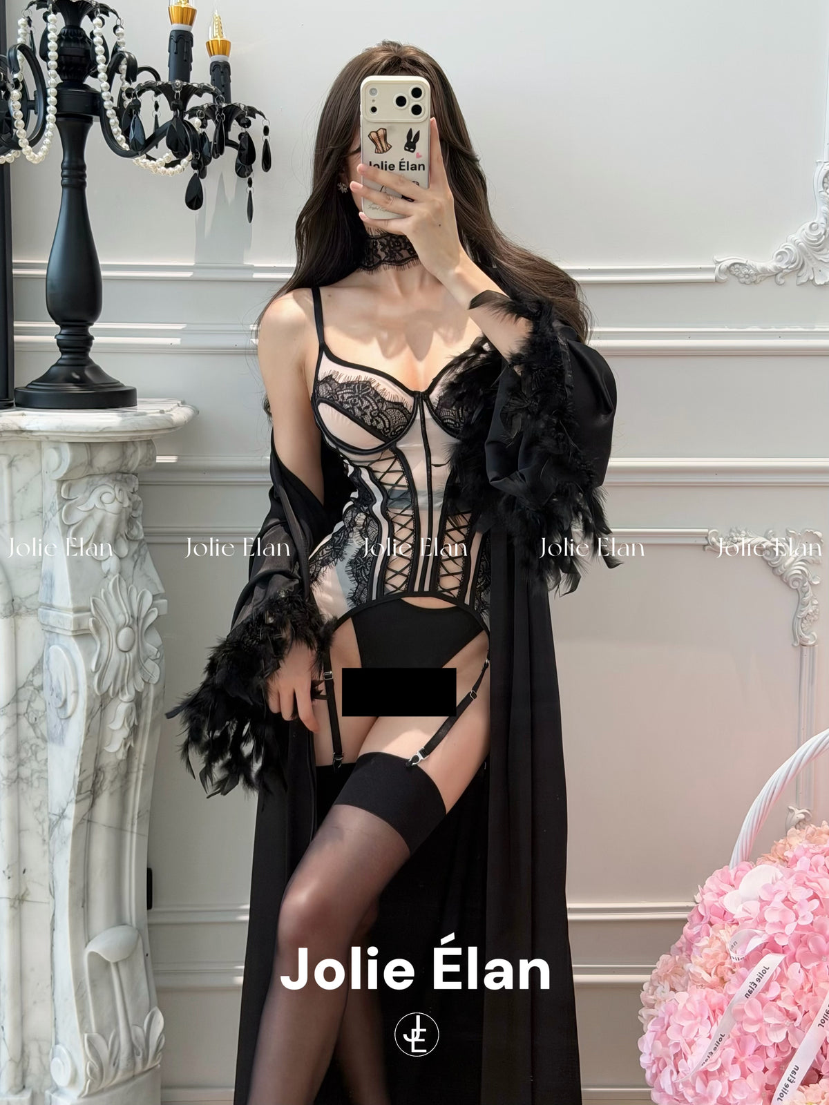 JolieElan · Gossip Girl · French Sexy Lace Mesh Perspective One-piece Premium Underwear Set