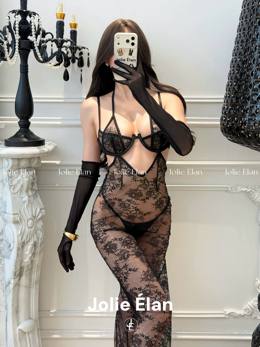 JolieElan · Love Rises · French Sexy Royal Sister Lace Perspective Suspender Long Dress Underwear Set