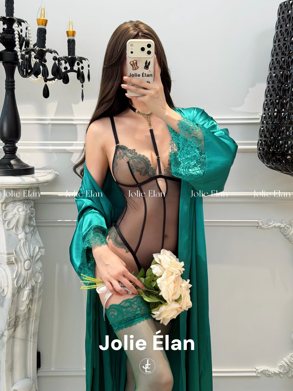 JolieElan Roman Trap Sexy Royal Sister Lace Perspective Rhinestone Premium One-piece Lingerie Set
