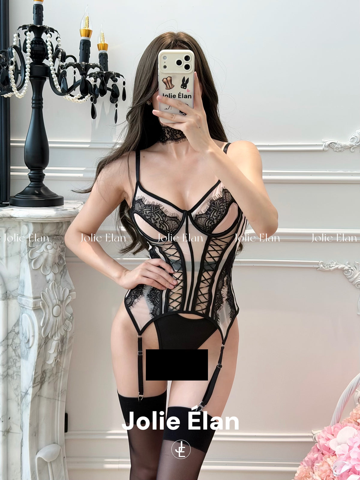 JolieElan · Gossip Girl · French Sexy Lace Mesh Perspective One-piece Premium Underwear Set