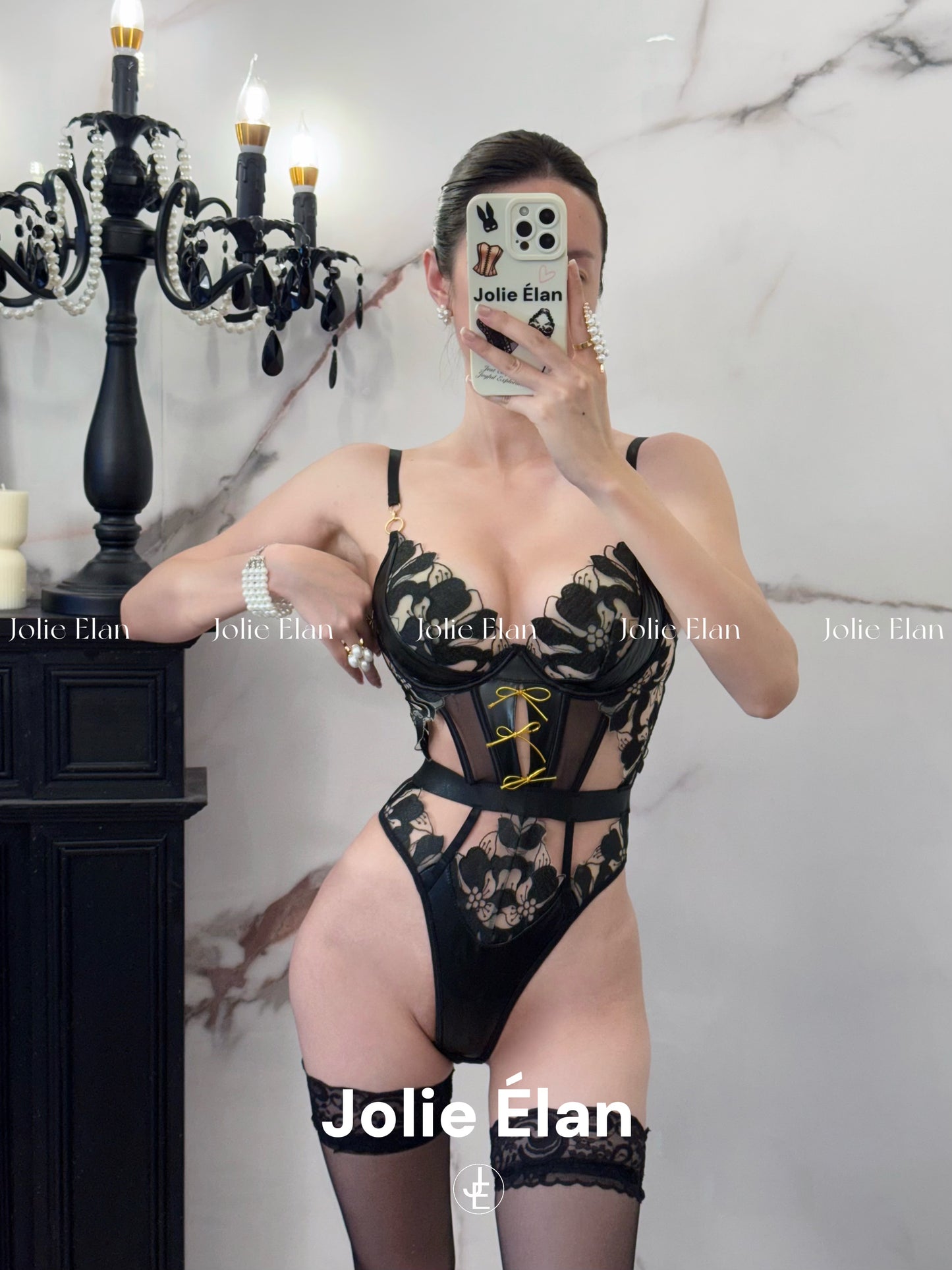 JolieElan · Can't Quit You · Sexy Lace Splicing Leather Fishbone One-piece Gathering Underwear Set