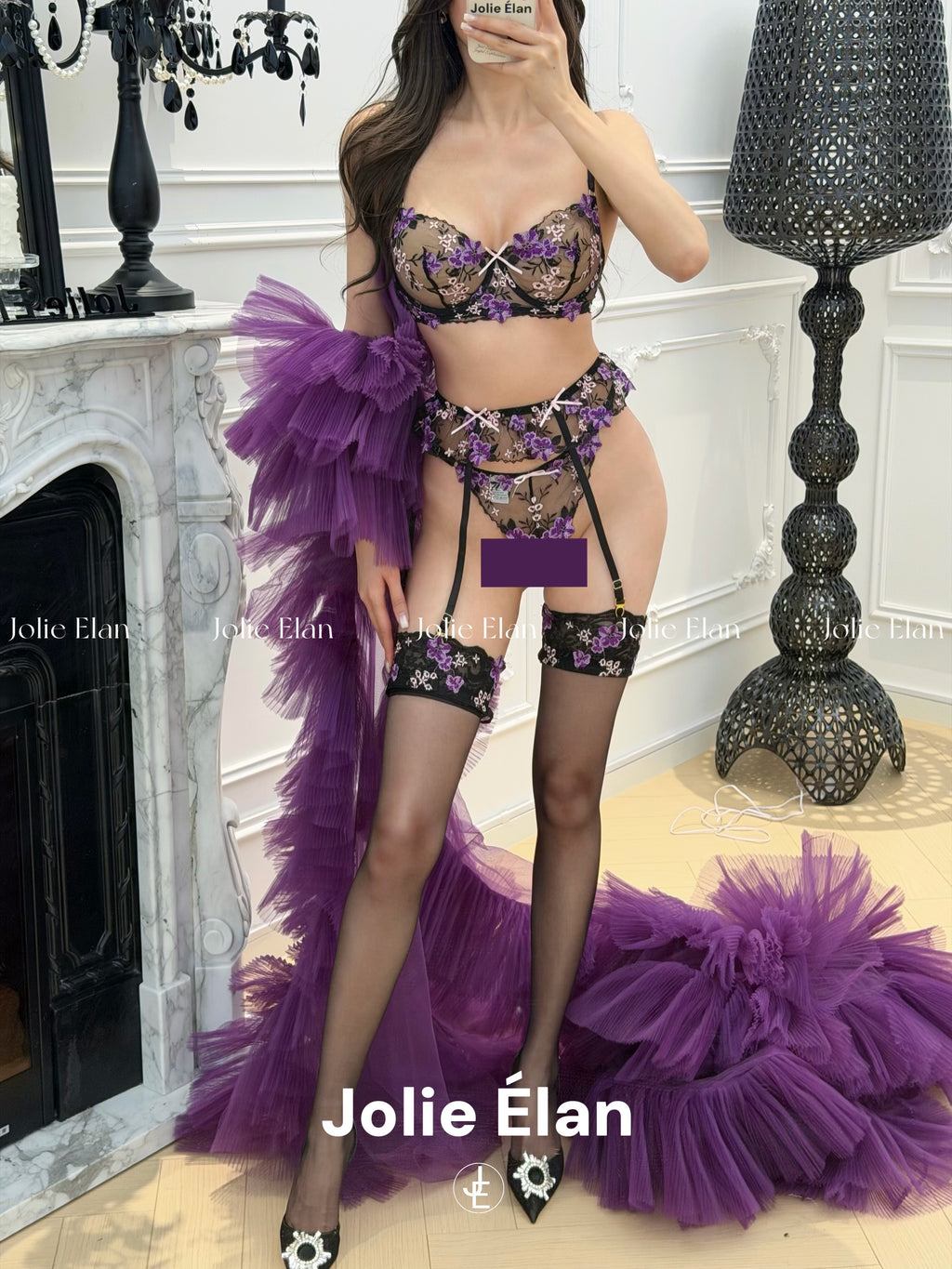 JolieElan Versailles Rose Sexy Royal Sister Purple Lace Embroidery Perspective Gathering Underwear Set