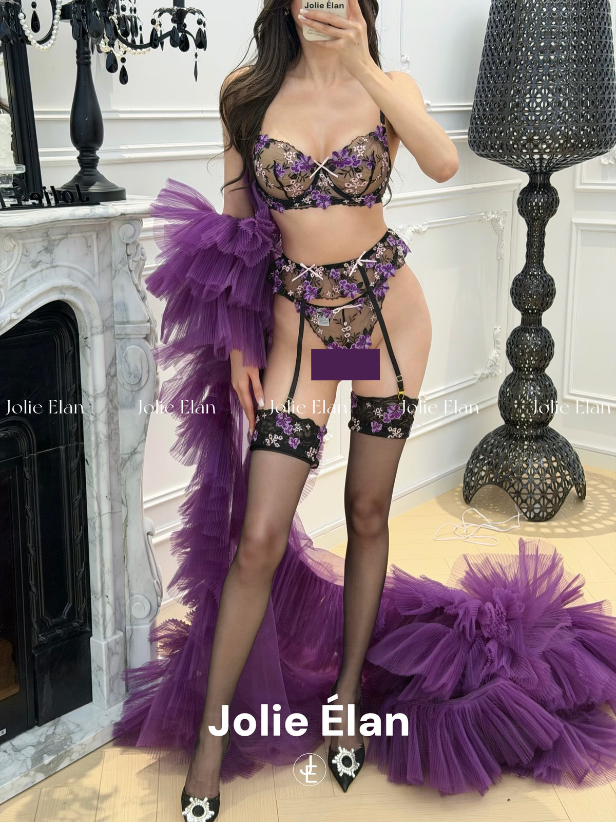 JolieElan Versailles Rose Sexy Royal Sister Purple Lace Embroidery Perspective Gathering Underwear Set