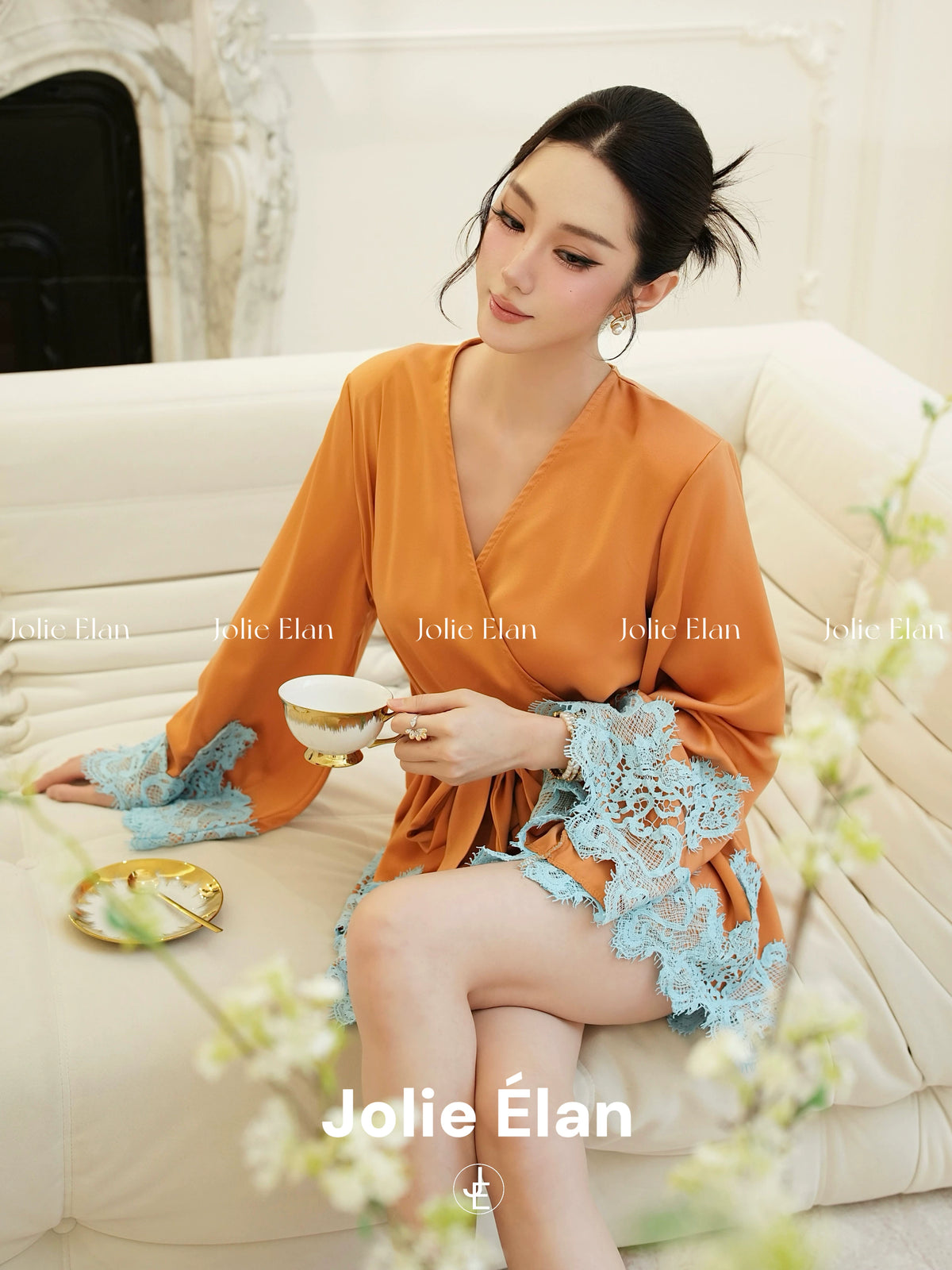 JolieElan · South France Holiday · French Lazy Lace Contrast Color Deep V Skinny Lace-Up Premium Gown Pajamas