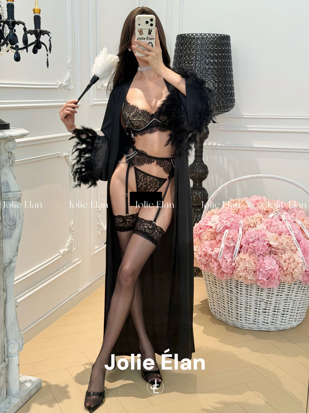 JolieElan · Qian Songyi · French Sexy Royal Sister Rhinestone Chain Lace Perspective Premium Underwear Set