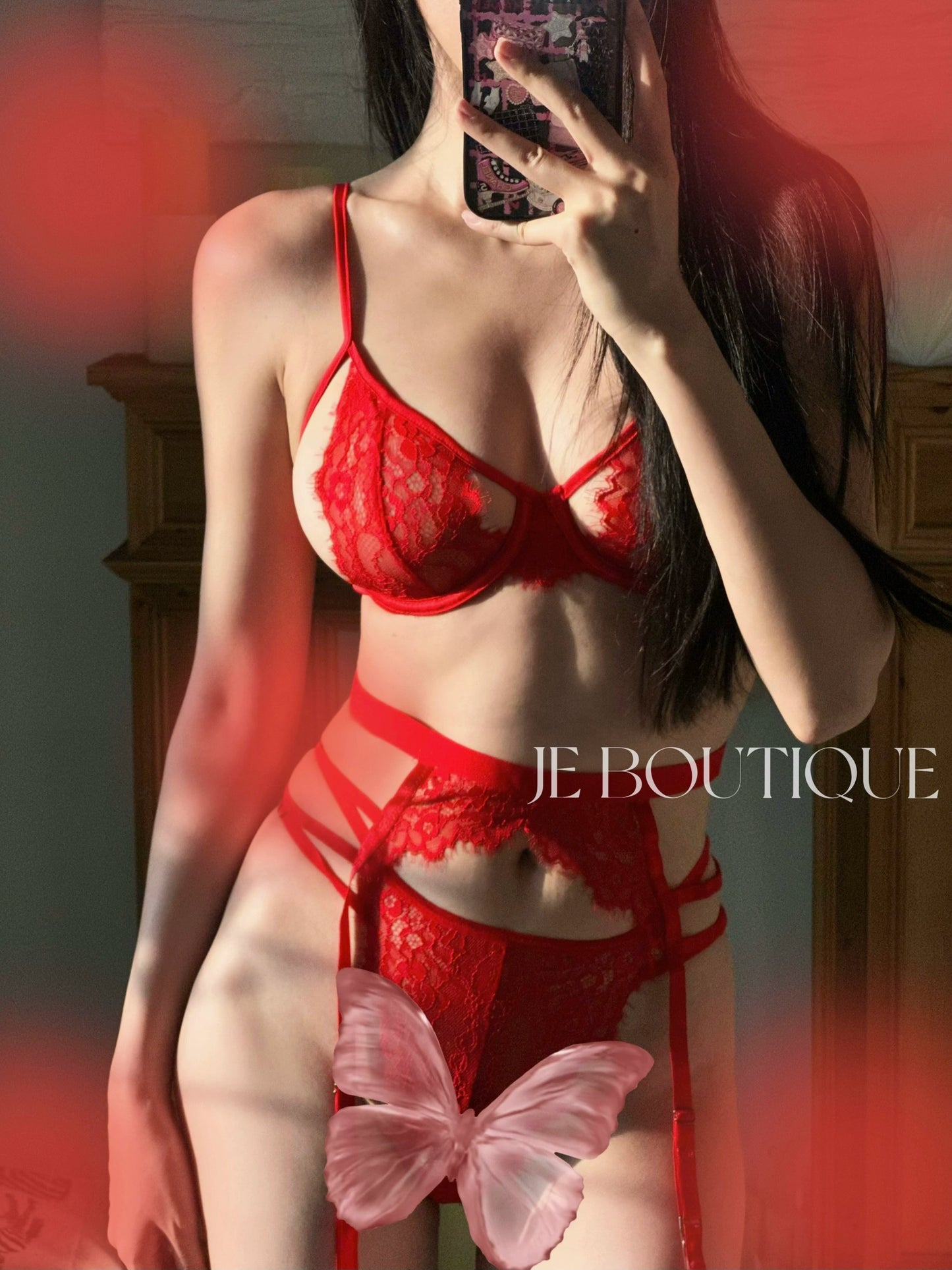 JolieElan · Killer Mace · Benzinnian Red Sexy Lace Gathering Underwear Set Women's Three-piece Set