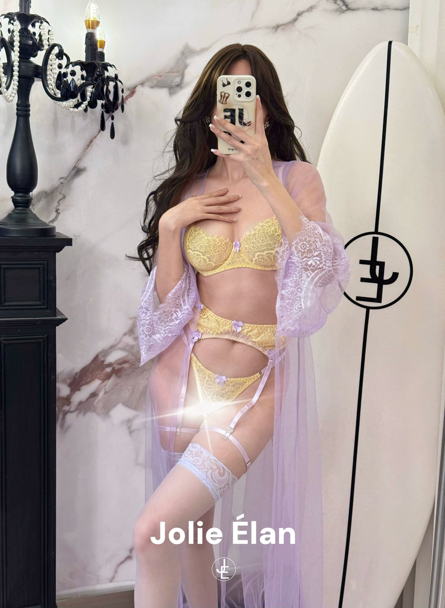 JolieElan · South France Holiday · French Lace Yellow Suspender Sexy Perspective Premium Lingerie Set