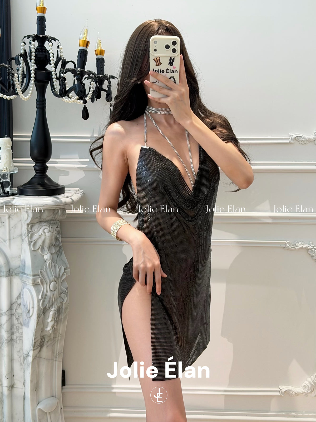 JolieElan · Midnight Party · Sexy Leopard Print Royal Sister Deep V Sequins Flash Diamond Atmosphere Backless Lingerie Set