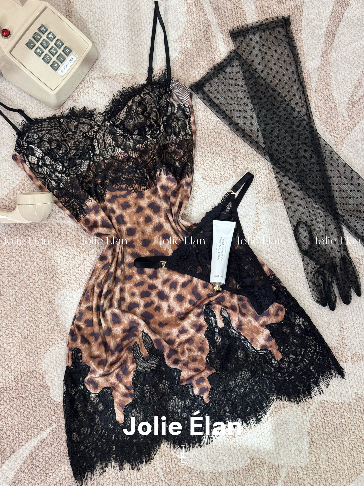 JolieElan · Miss Leopard Leopard · French Lace Leopard print stitching sexy suspender nightdress underwear set