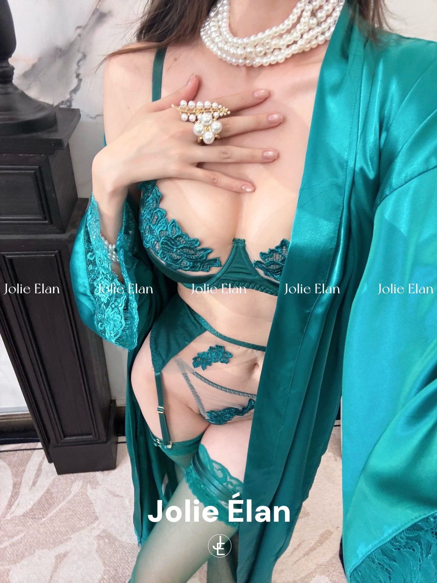 JolieElan · Eden Paradise · French Lace Mesh Embroidery Sexy Perspective Gathering Underwear Set