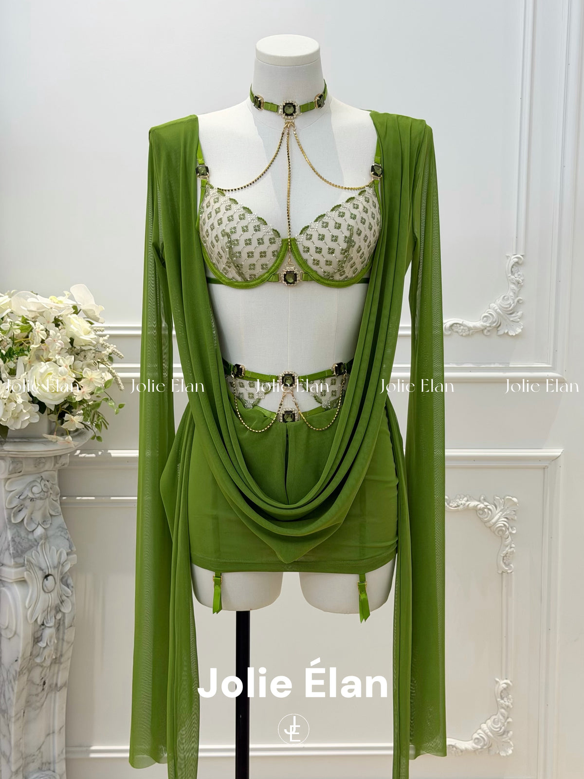 JolieElan Princess Jasmine French Sexy Luxury Gem Chain Embroidered Perspective Underwear Set