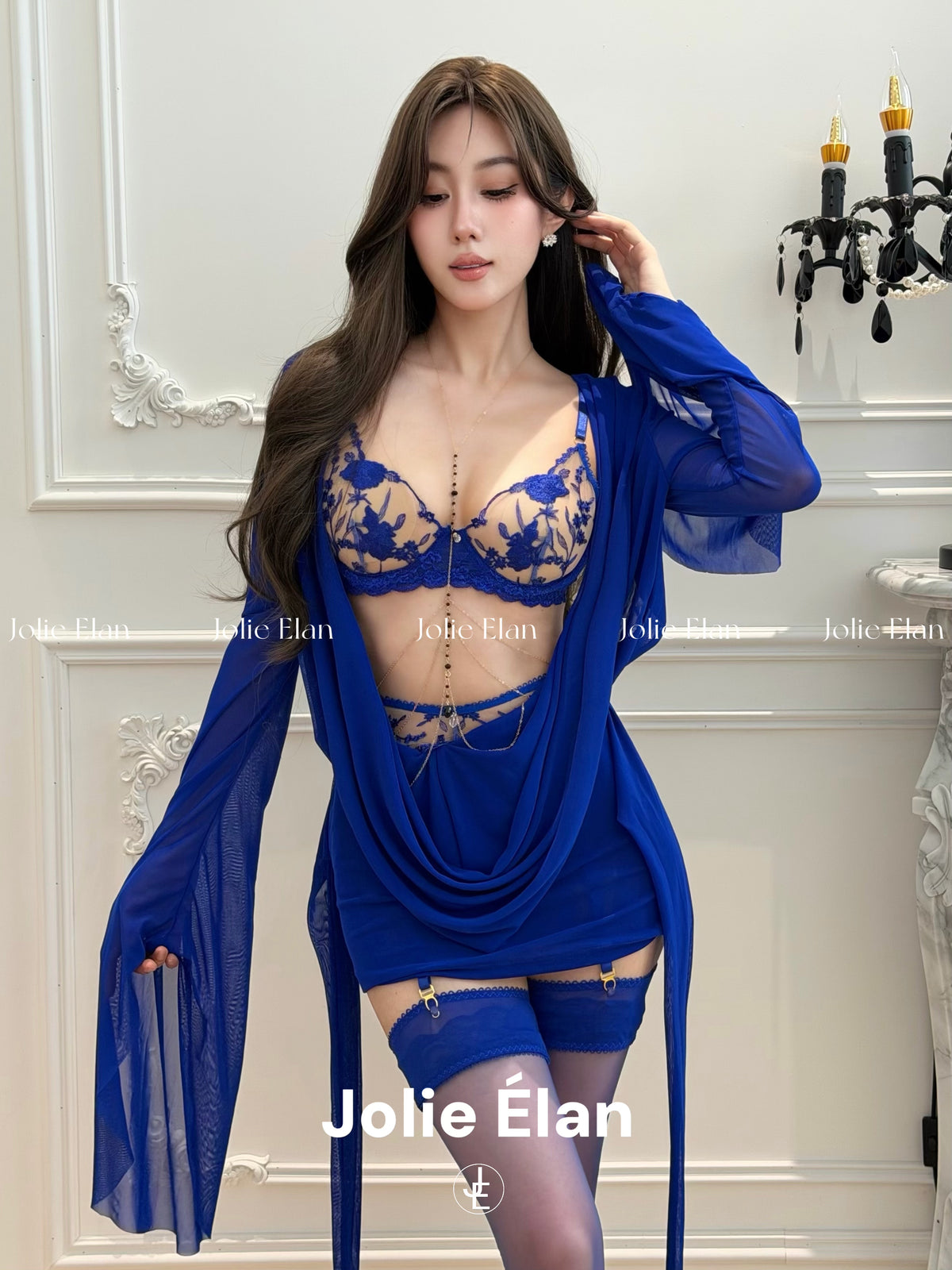 JolieElan Ecuador Blue Rose French Sexy Embroidery Perspective Premium Underwear Set