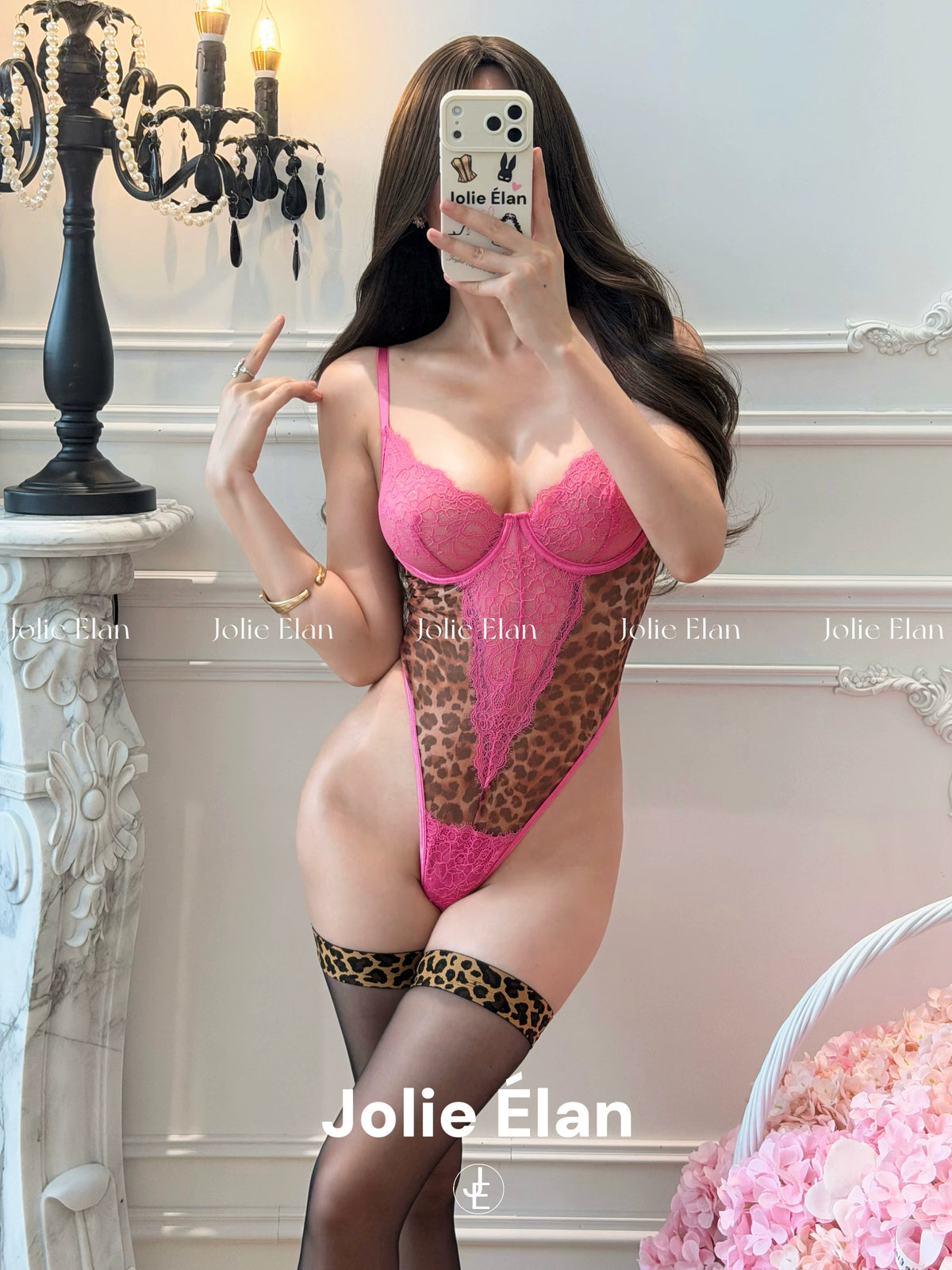 JolieElan · Peachy Gossip · Sexy Royal Sister Pink Leopard Print Lace Perspective Spice Girl onesie suit