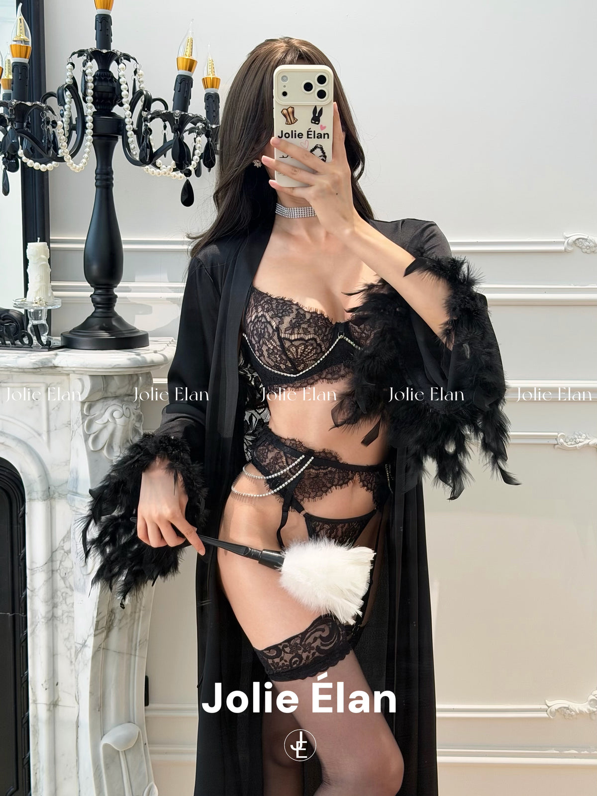 JolieElan · Qian Songyi · French Sexy Royal Sister Rhinestone Chain Lace Perspective Premium Underwear Set