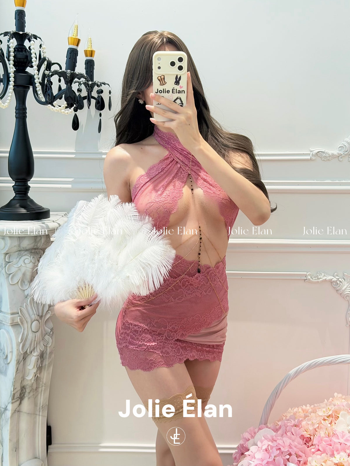 JolieElan Roselle Coral Pink Royal Sister Sexy Neck Cross Lace Perspective Premium Underwear Skirt