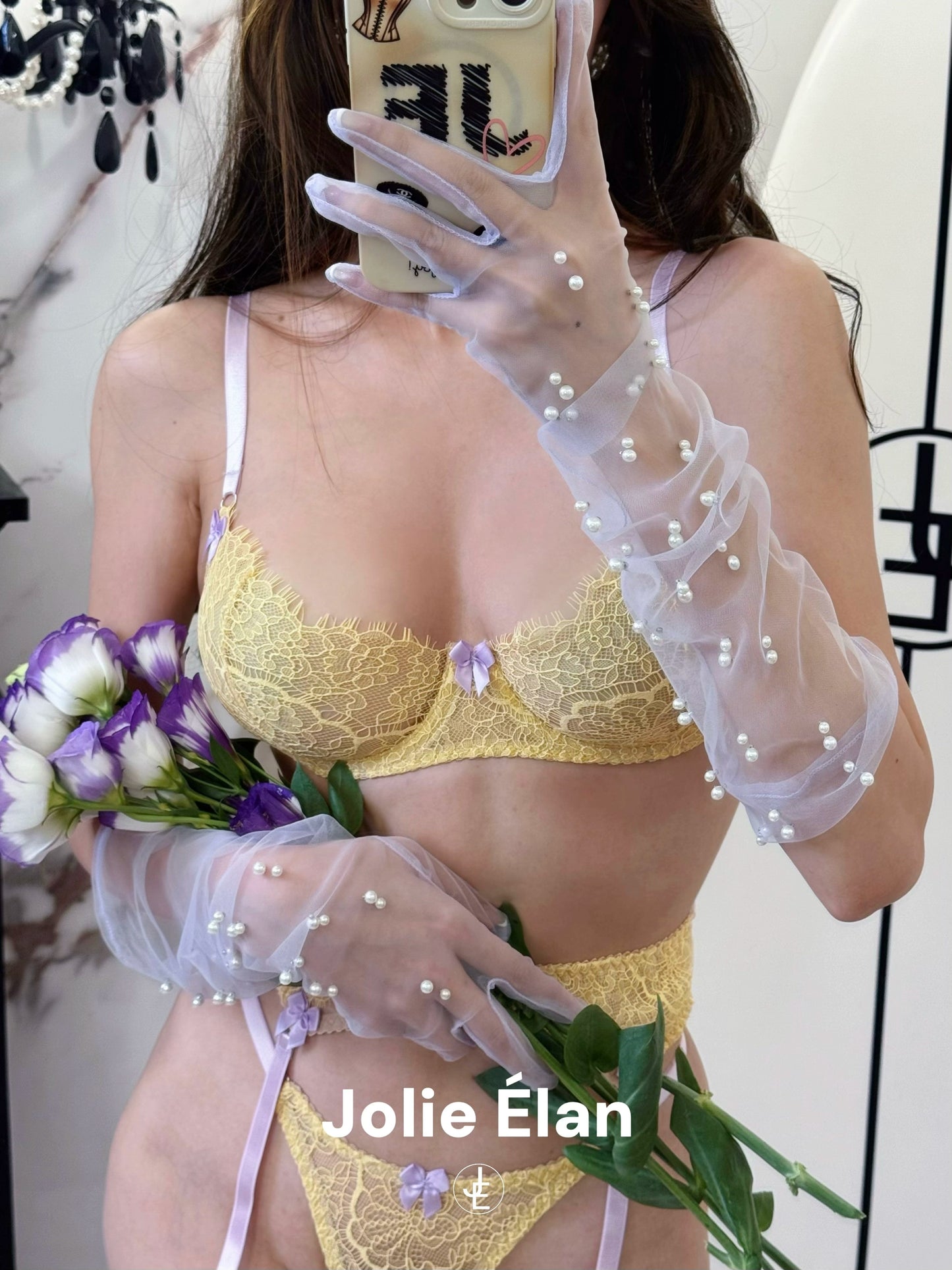 JolieElan · South France Holiday · French Lace Yellow Suspender Sexy Perspective Premium Lingerie Set