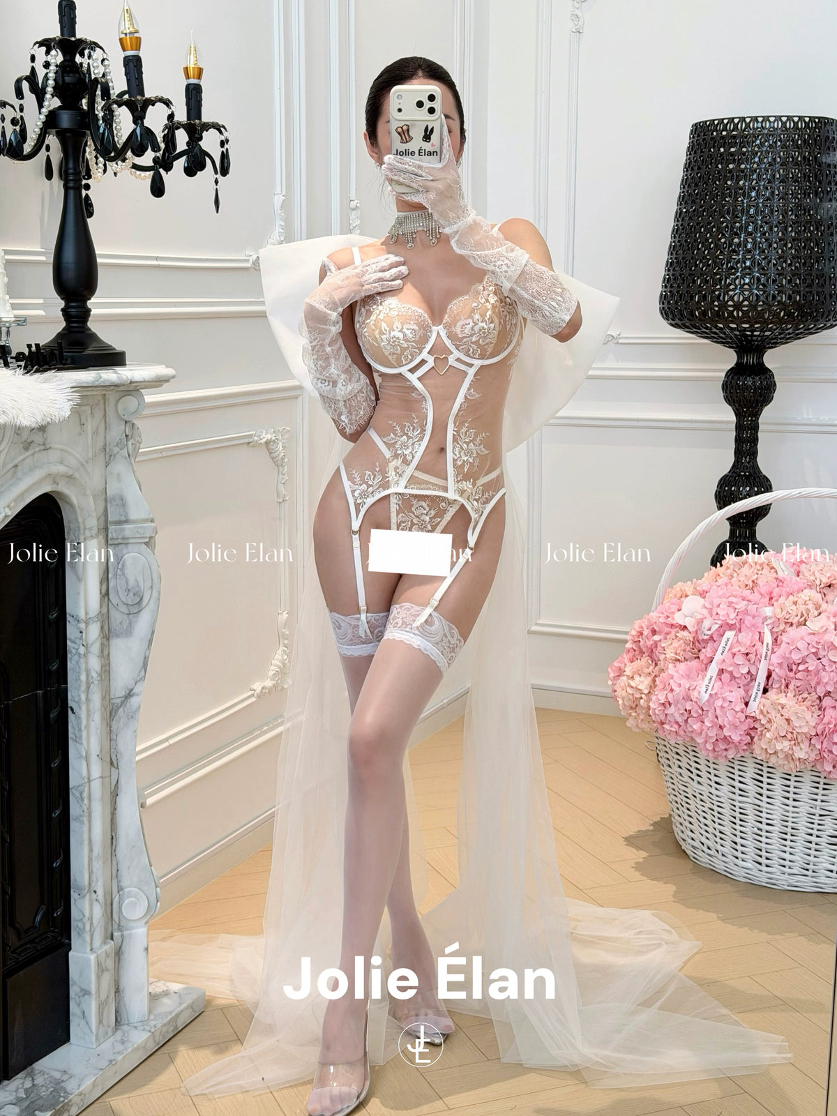 JolieElan · Moonlight Jasmine · French Sexy Flower Embroidery Mesh Perspective Shapewear Underwear Set
