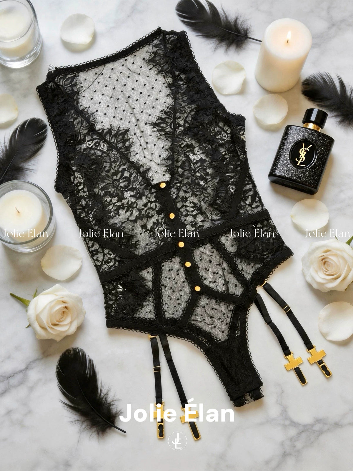 JolieElan Eaton Beauty God Sexy Deep V Lace Mesh Perspective Ultra-thin Premium One-piece Underwear Set