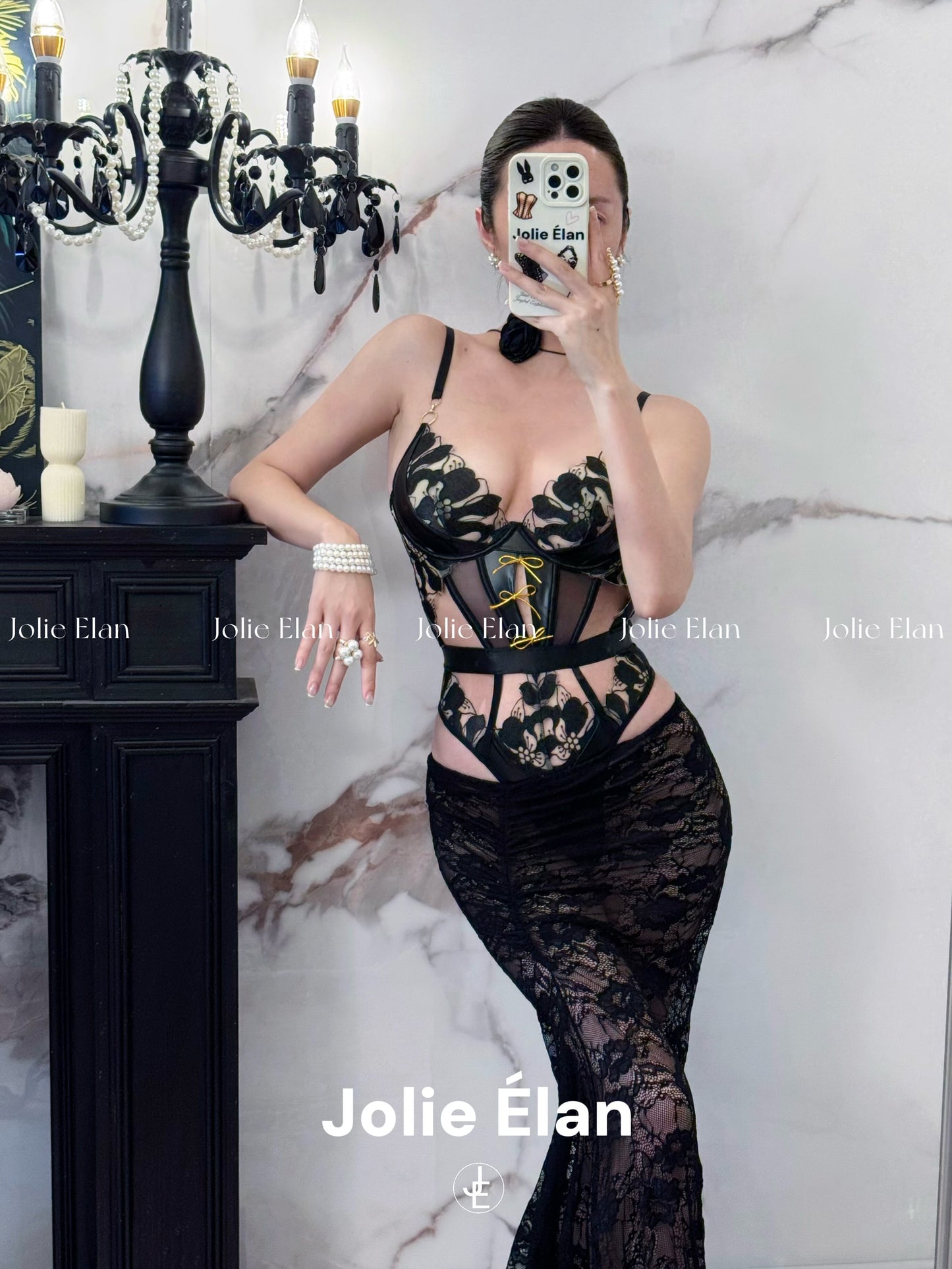 JolieElan · Can't Quit You · Sexy Lace Splicing Leather Fishbone One-piece Gathering Underwear Set