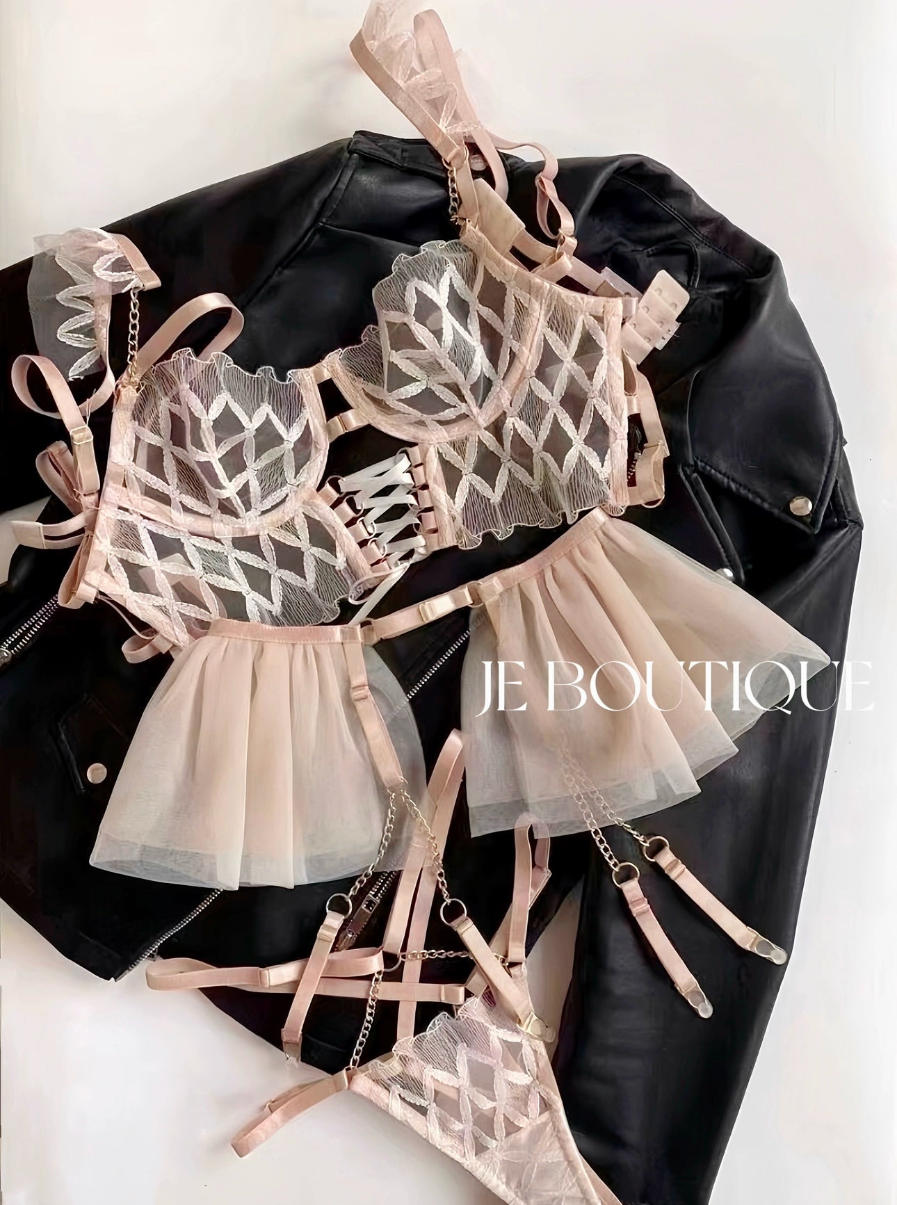 JolieElan · Ballet Girl · Premium French Strap Embroidered Bra Sexy Mesh Underwear Set