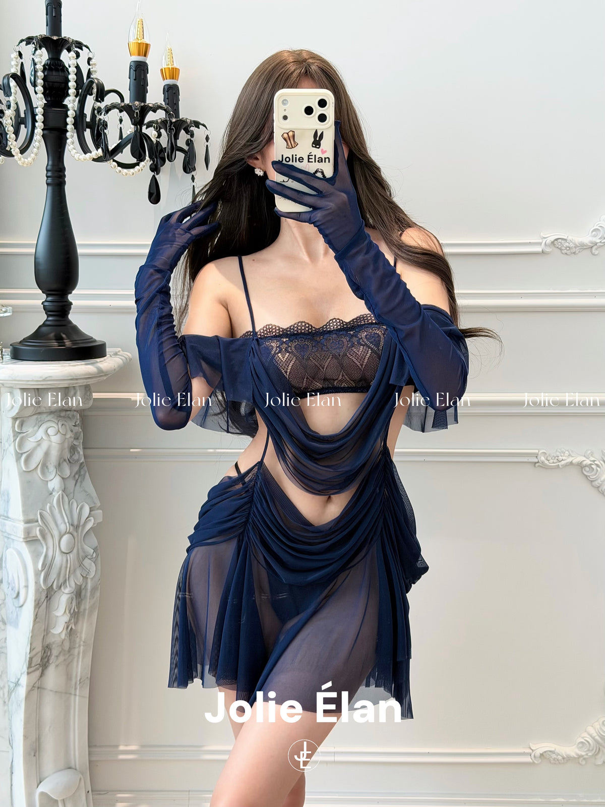 JolieElan · Full Sister · Sexy Dark Blue Lace Perspective Premium French One-piece Lingerie Set