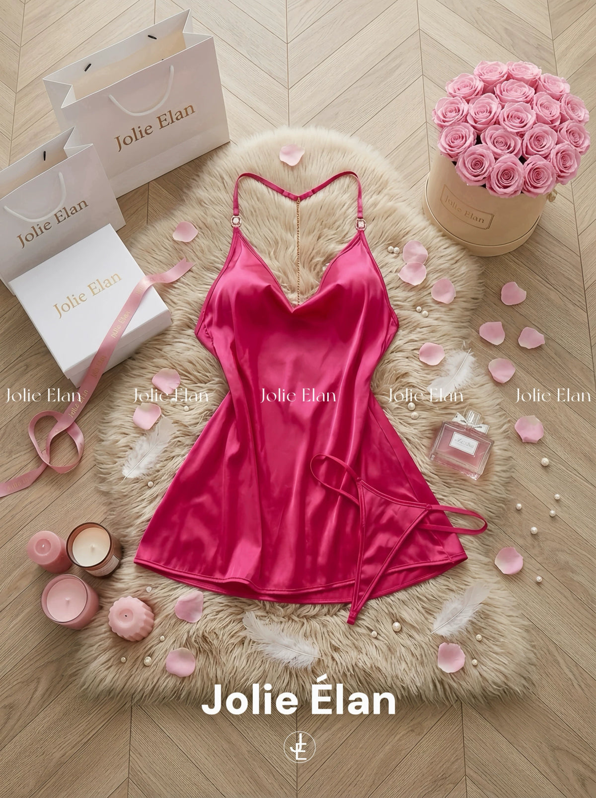 JolieElan Princess Hera French Sexy Deep V Halter Gem Chain Premium Nightdress Underwear Set
