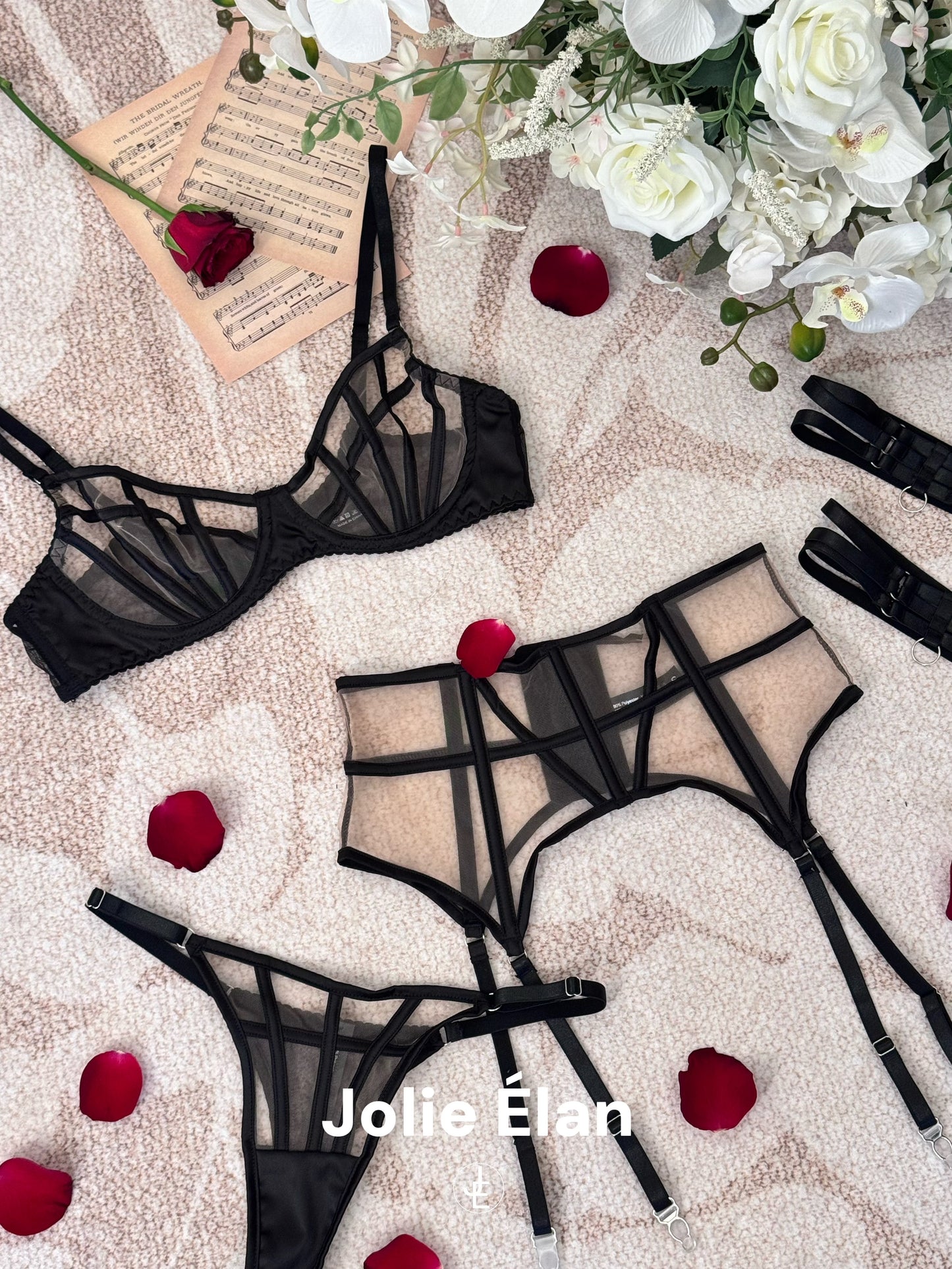JolieElan · Cold City · Sexy Fishbone Mesh Perspective Premium French Underwear Set
