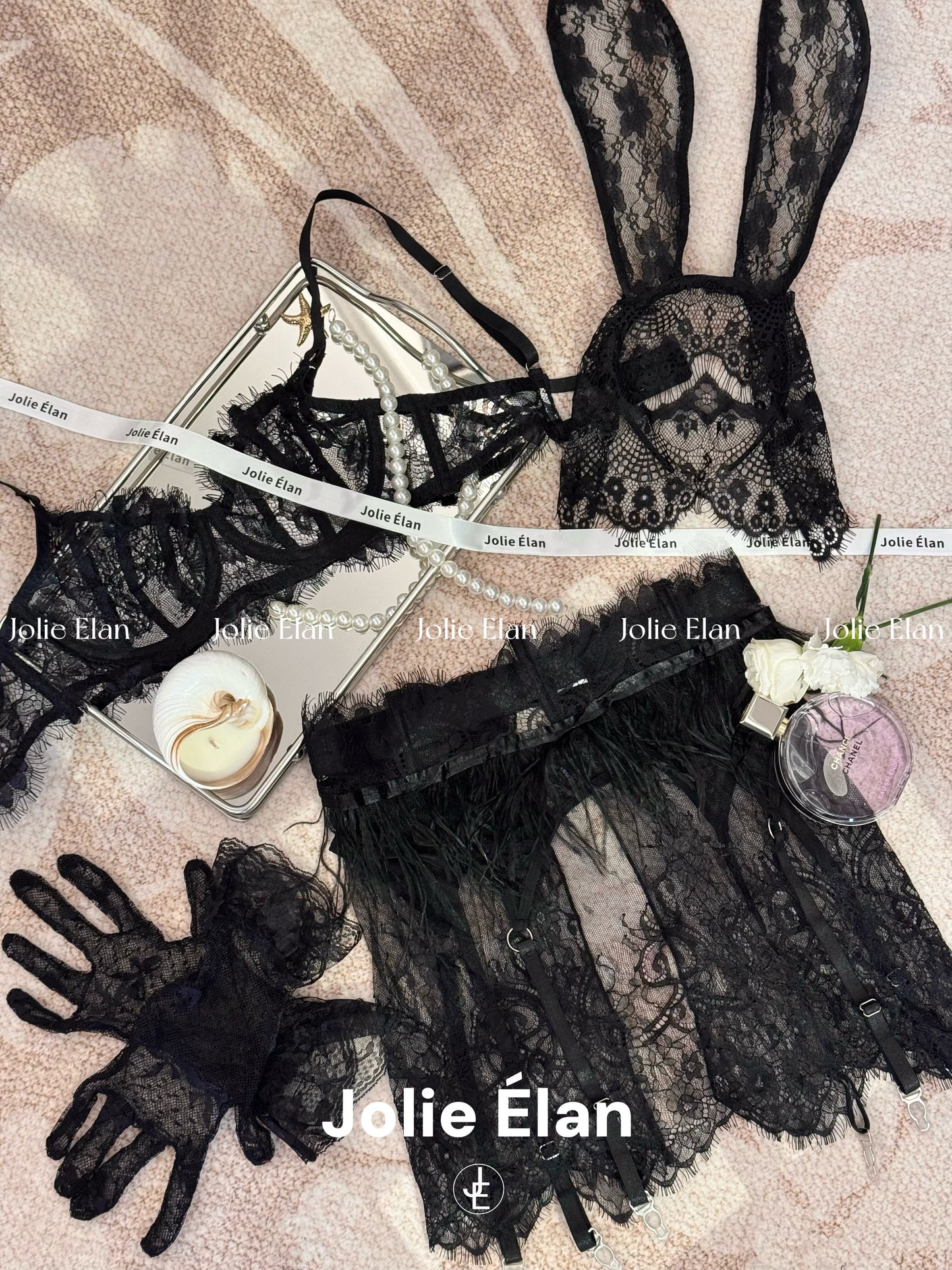 JolieElan · Good Night Party · Halloween Heavy Industry Lace Perspective Slim French Sexy Lingerie Set